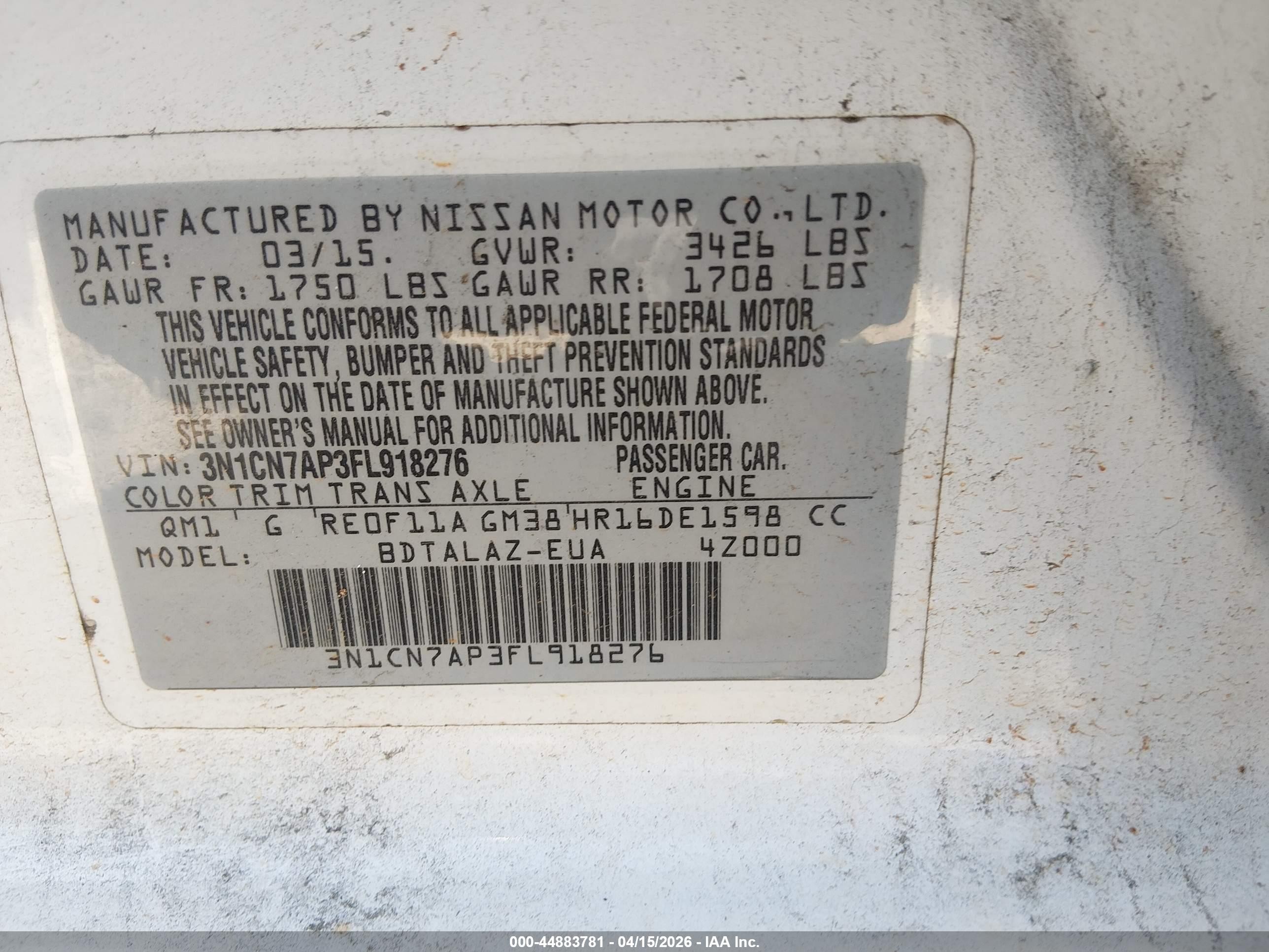 2015 Nissan Versa 1.6 S+ White vin: 3N1CN7AP3FL918276