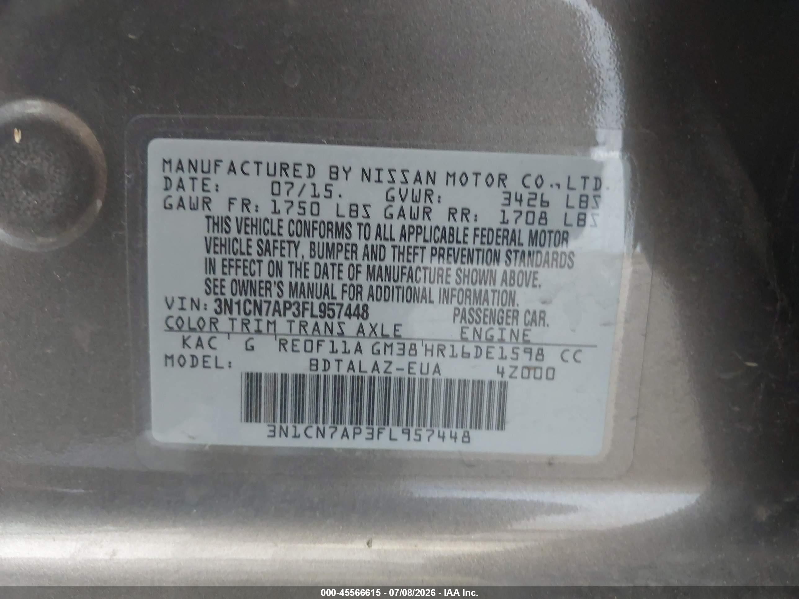 2015 Nissan Versa 1.6 S+ Gray vin: 3N1CN7AP3FL957448