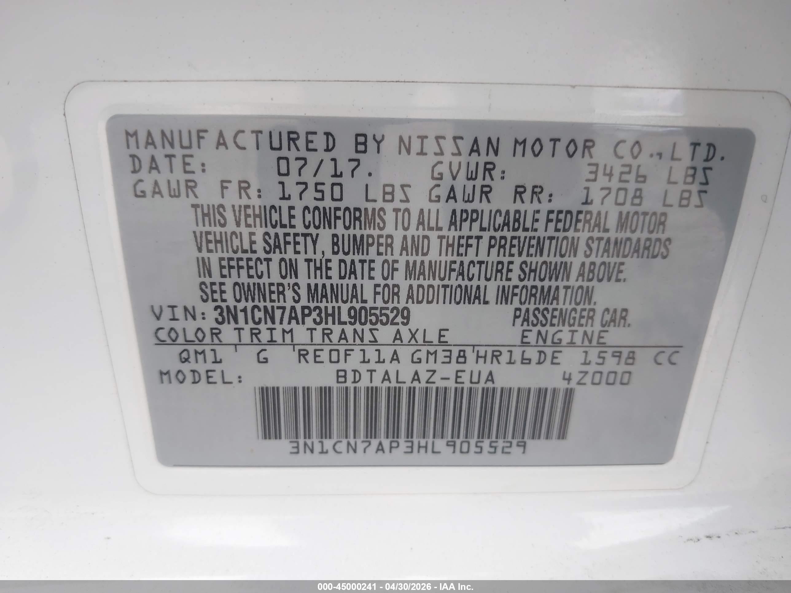 2017 Nissan Versa 1.6 S+ Белый vin: 3N1CN7AP3HL905529