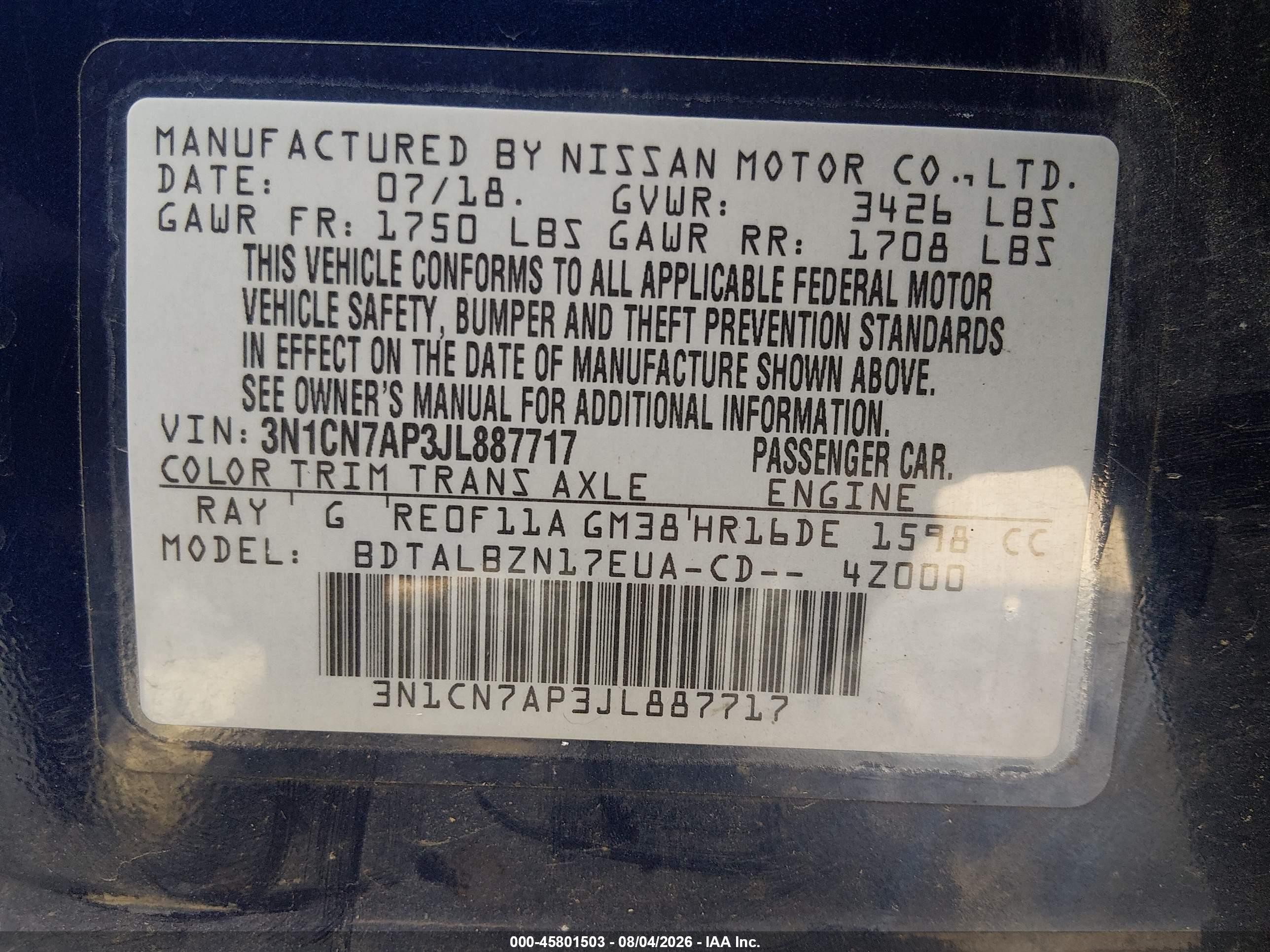 2018 Nissan Versa 1.6 Sv Blue vin: 3N1CN7AP3JL887717
