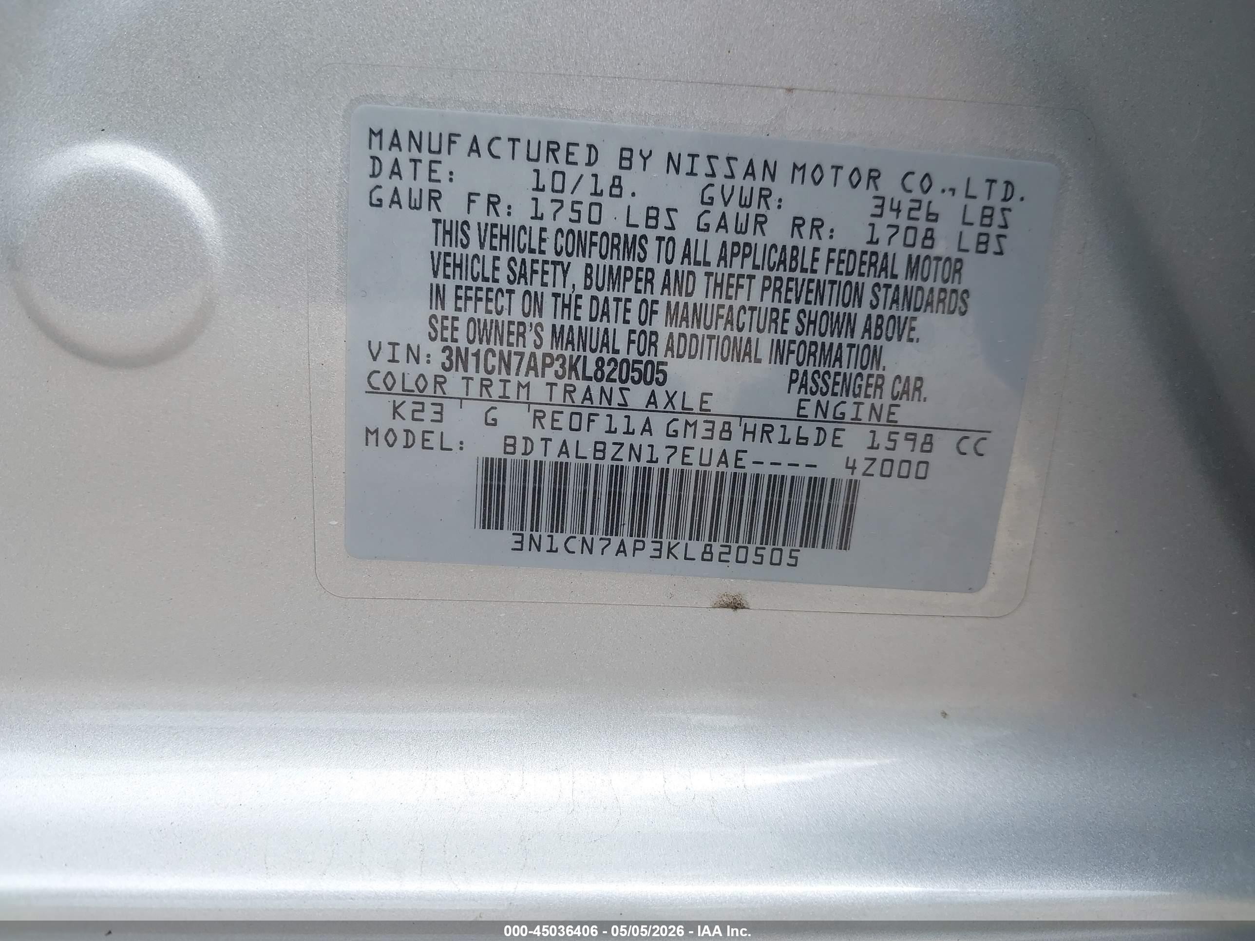 2019 Nissan Versa 1.6 Sv Серебряный vin: 3N1CN7AP3KL820505