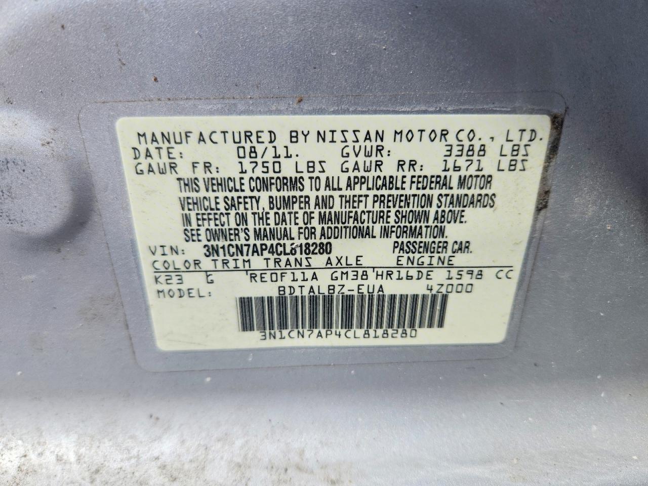 2012 Nissan Versa 1.6 S Silver vin: 3N1CN7AP4CL818280
