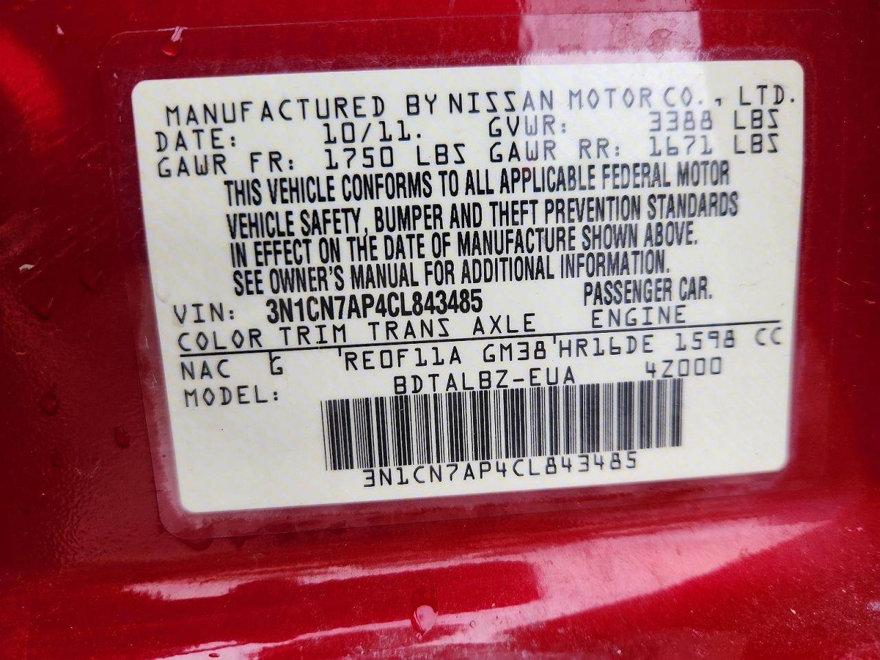 2012 Nissan Versa 1.6 S Red vin: 3N1CN7AP4CL843485