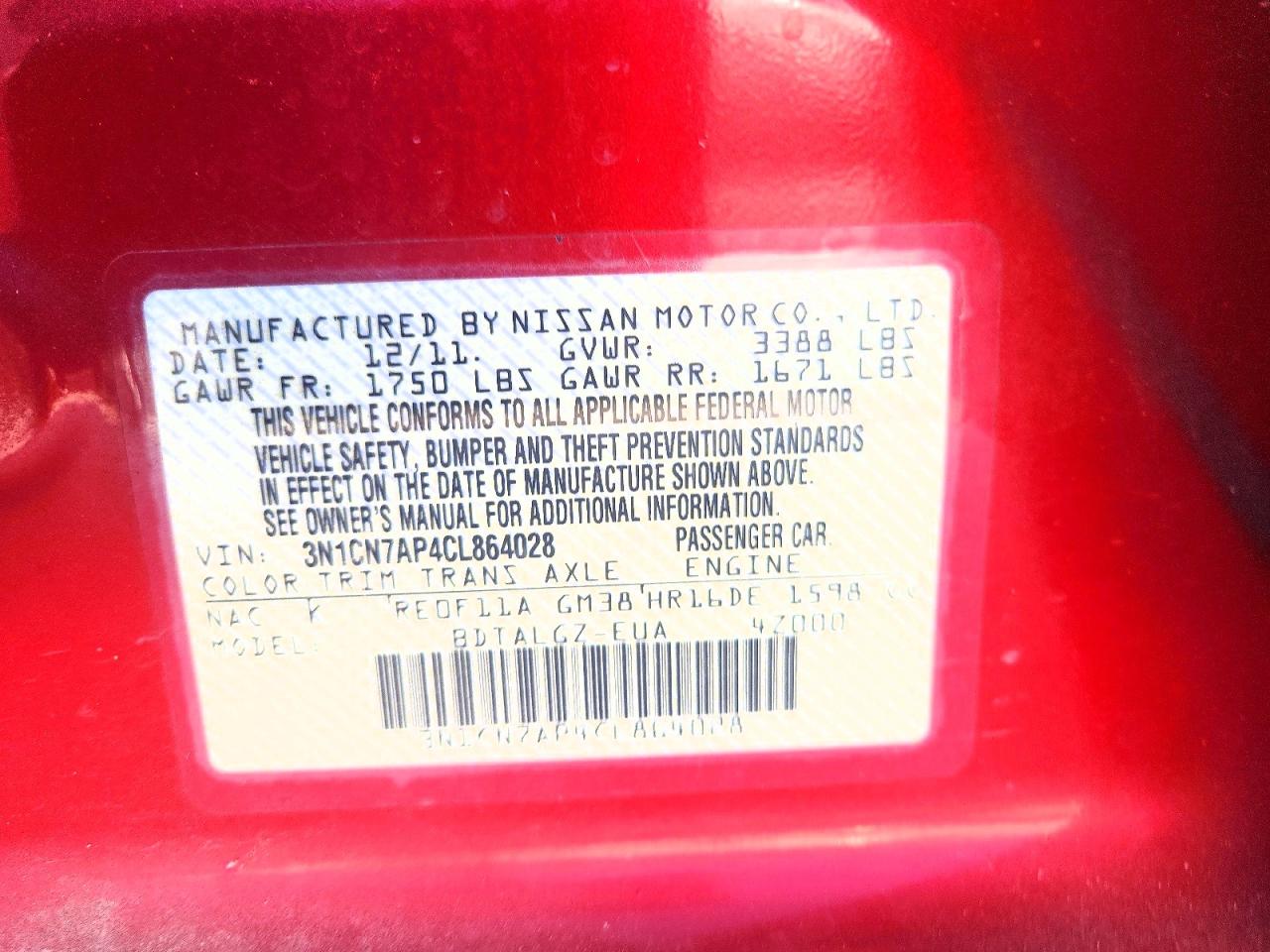 2012 Nissan Versa 1.6 S Red vin: 3N1CN7AP4CL864028