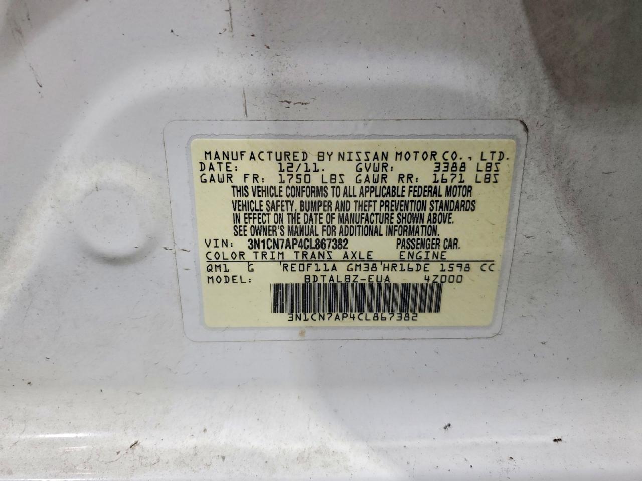 2012 Nissan Versa 1.6 S White vin: 3N1CN7AP4CL867382