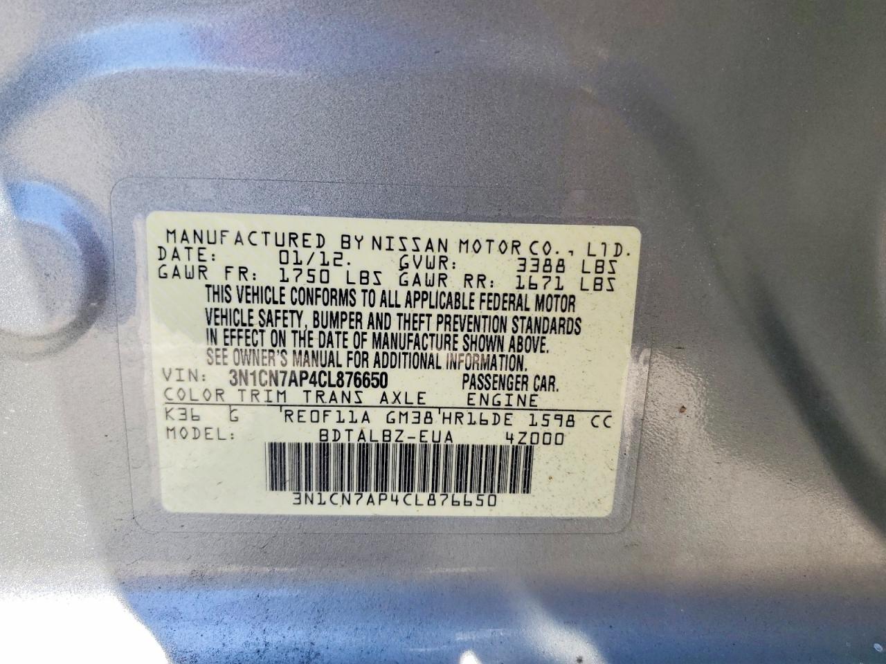 2012 Nissan Versa 1.6 S Silver vin: 3N1CN7AP4CL876650