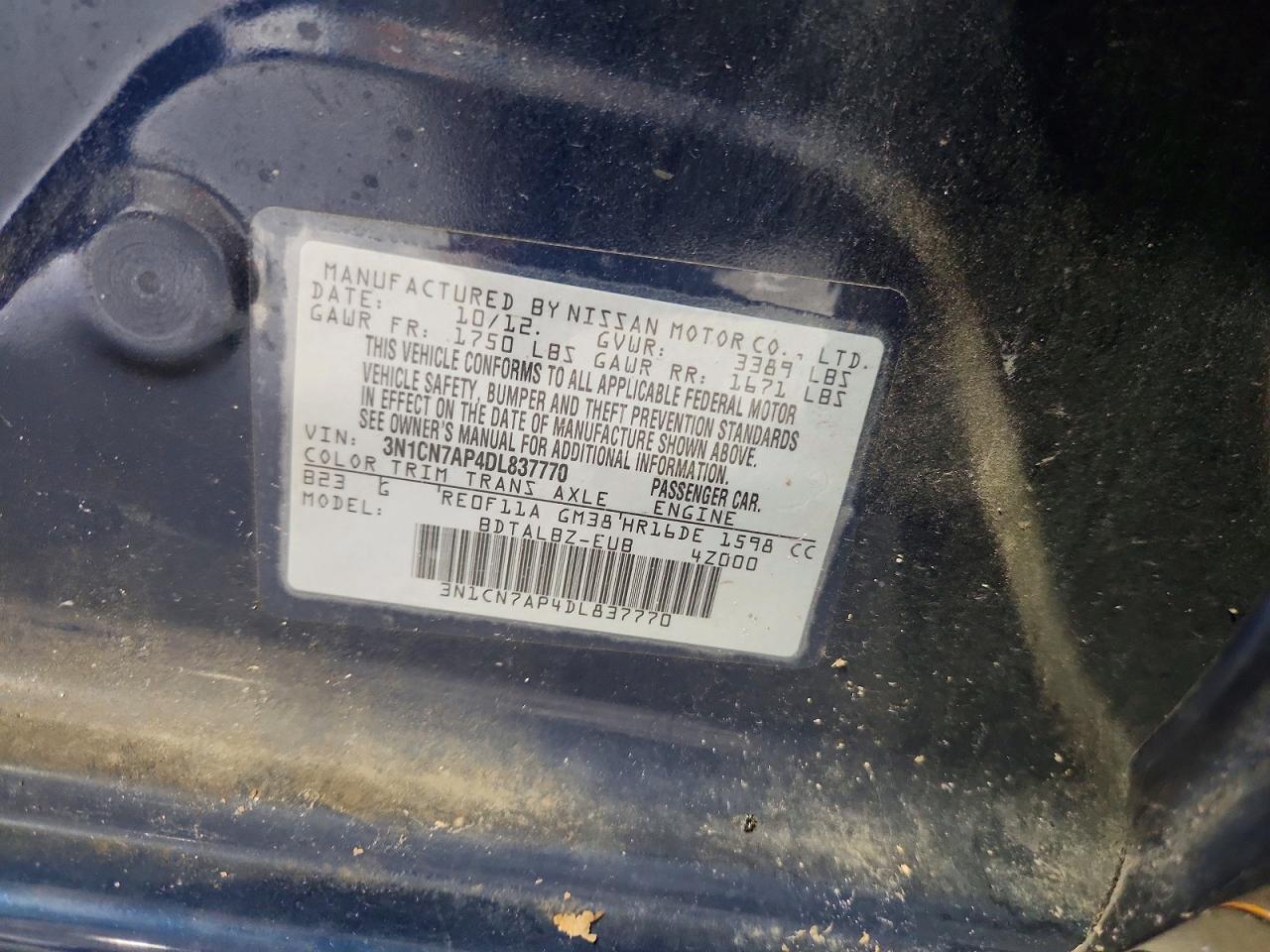2013 Nissan Versa 1.6 S Blue vin: 3N1CN7AP4DL837770