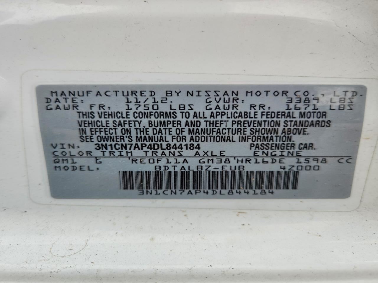 2013 Nissan Versa 1.6 S Белый vin: 3N1CN7AP4DL844184