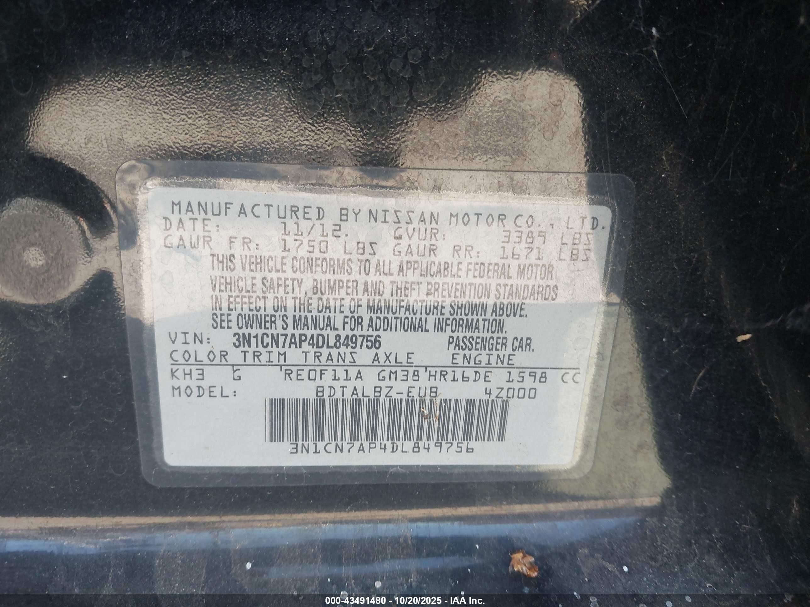 2013 Nissan Versa 1.6 Sv Black vin: 3N1CN7AP4DL849756