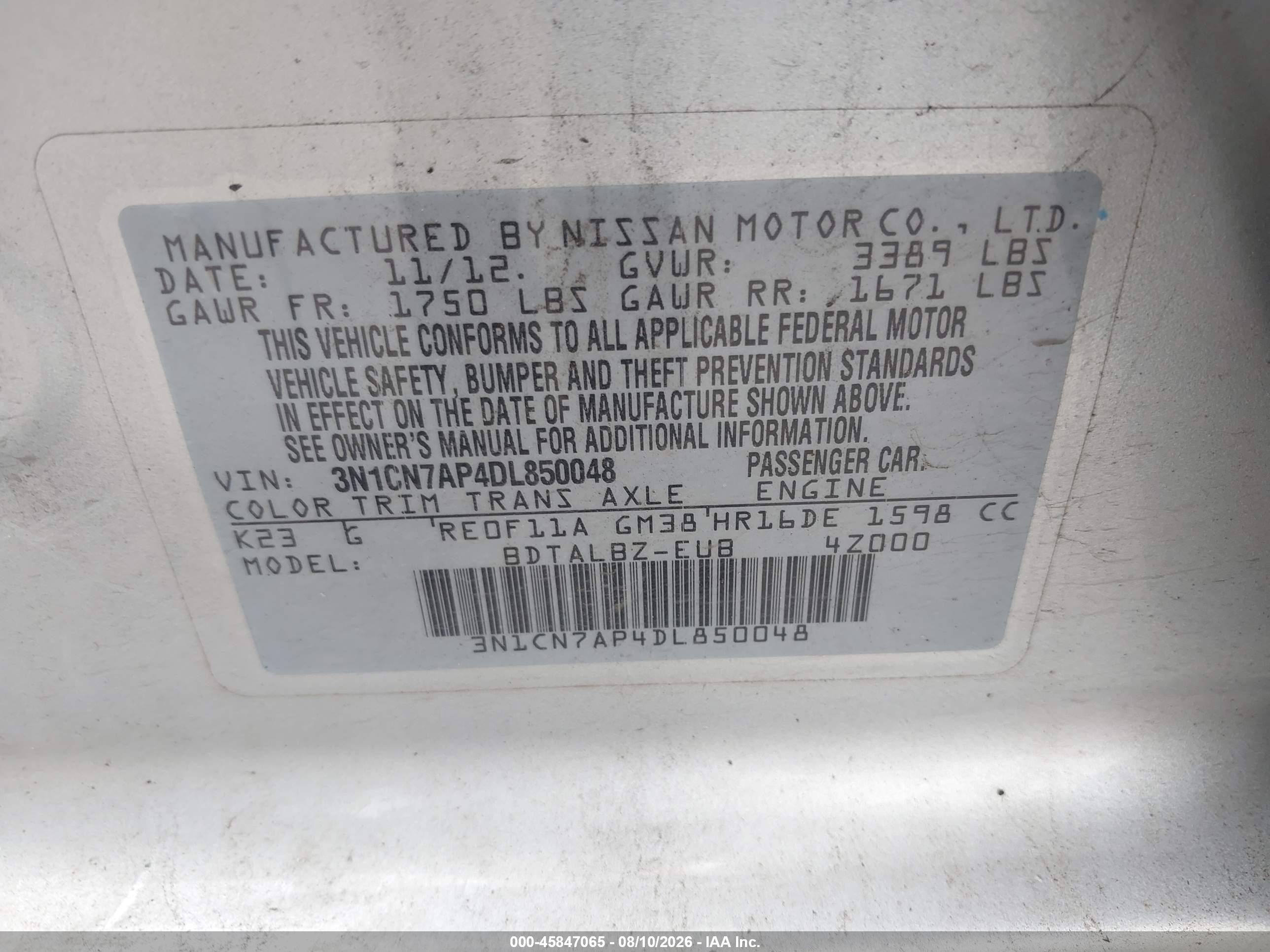 2013 Nissan Versa 1.6 Sv Silver vin: 3N1CN7AP4DL850048