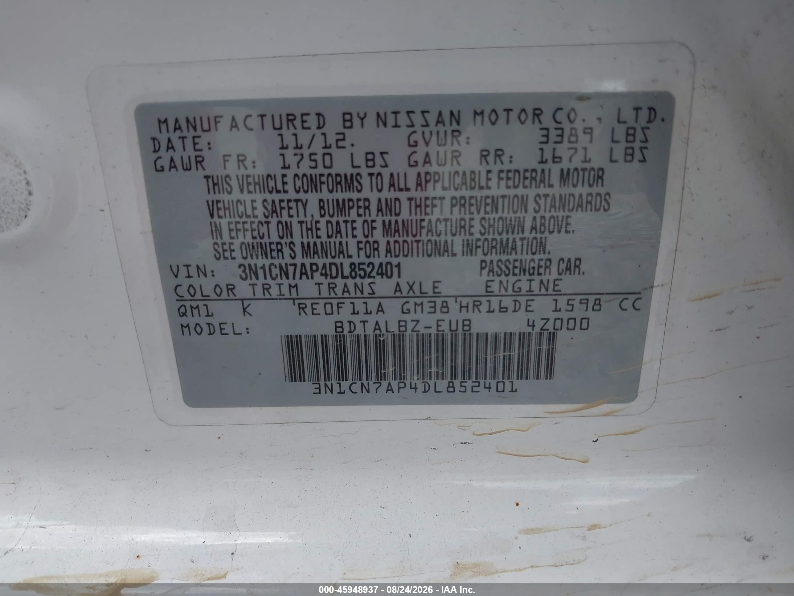 2013 Nissan Versa 1.6 Sv White vin: 3N1CN7AP4DL852401