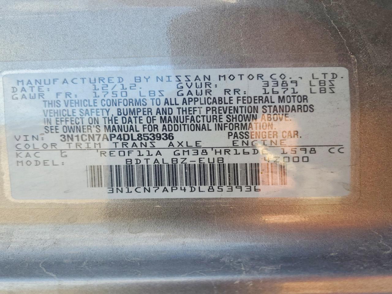 2013 Nissan Versa 1.6 S Gray vin: 3N1CN7AP4DL853936
