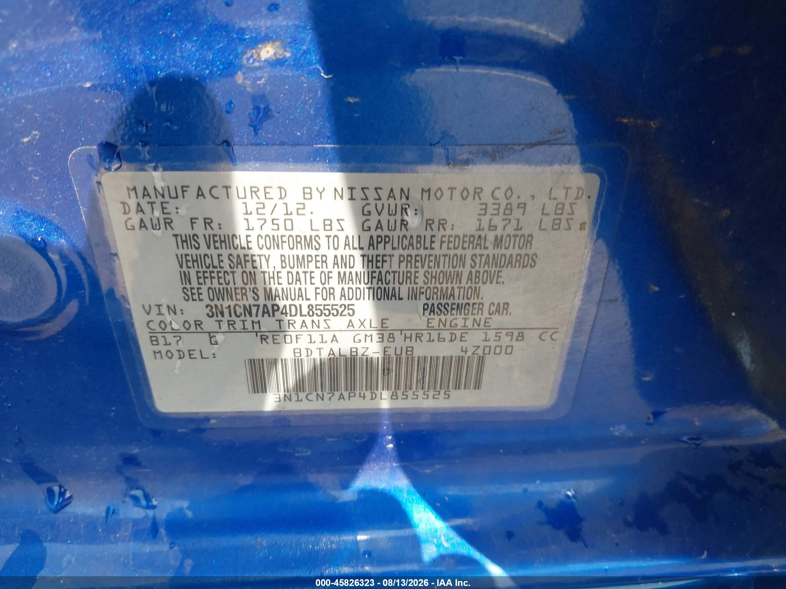 2013 Nissan Versa 1.6 Sv Blue vin: 3N1CN7AP4DL855525