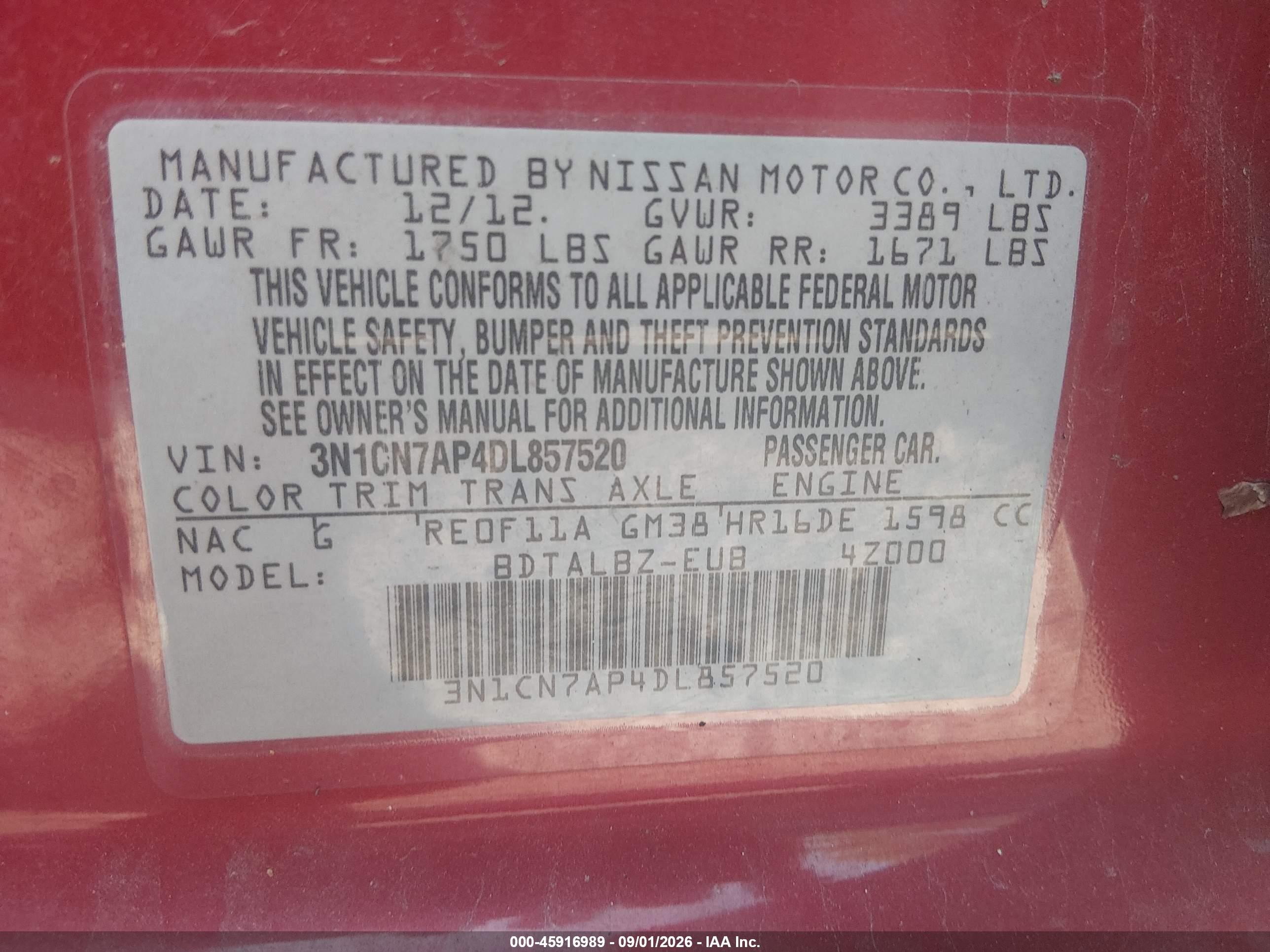 2013 Nissan Versa 1.6 Sv Red vin: 3N1CN7AP4DL857520