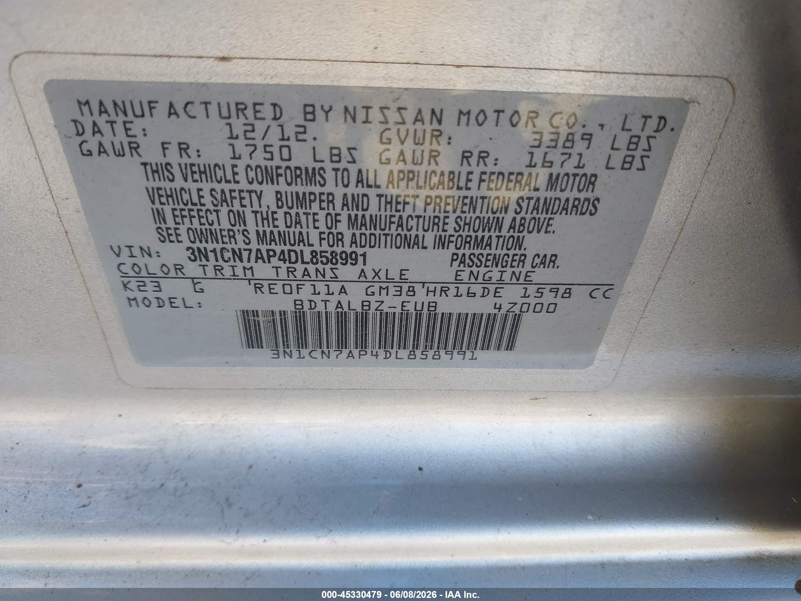 2013 Nissan Versa 1.6 Sv Серебряный vin: 3N1CN7AP4DL858991