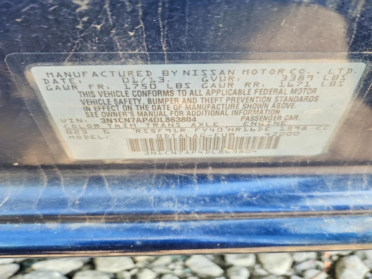 2013 Nissan Versa 1.6 S Blue vin: 3N1CN7AP4DL863804