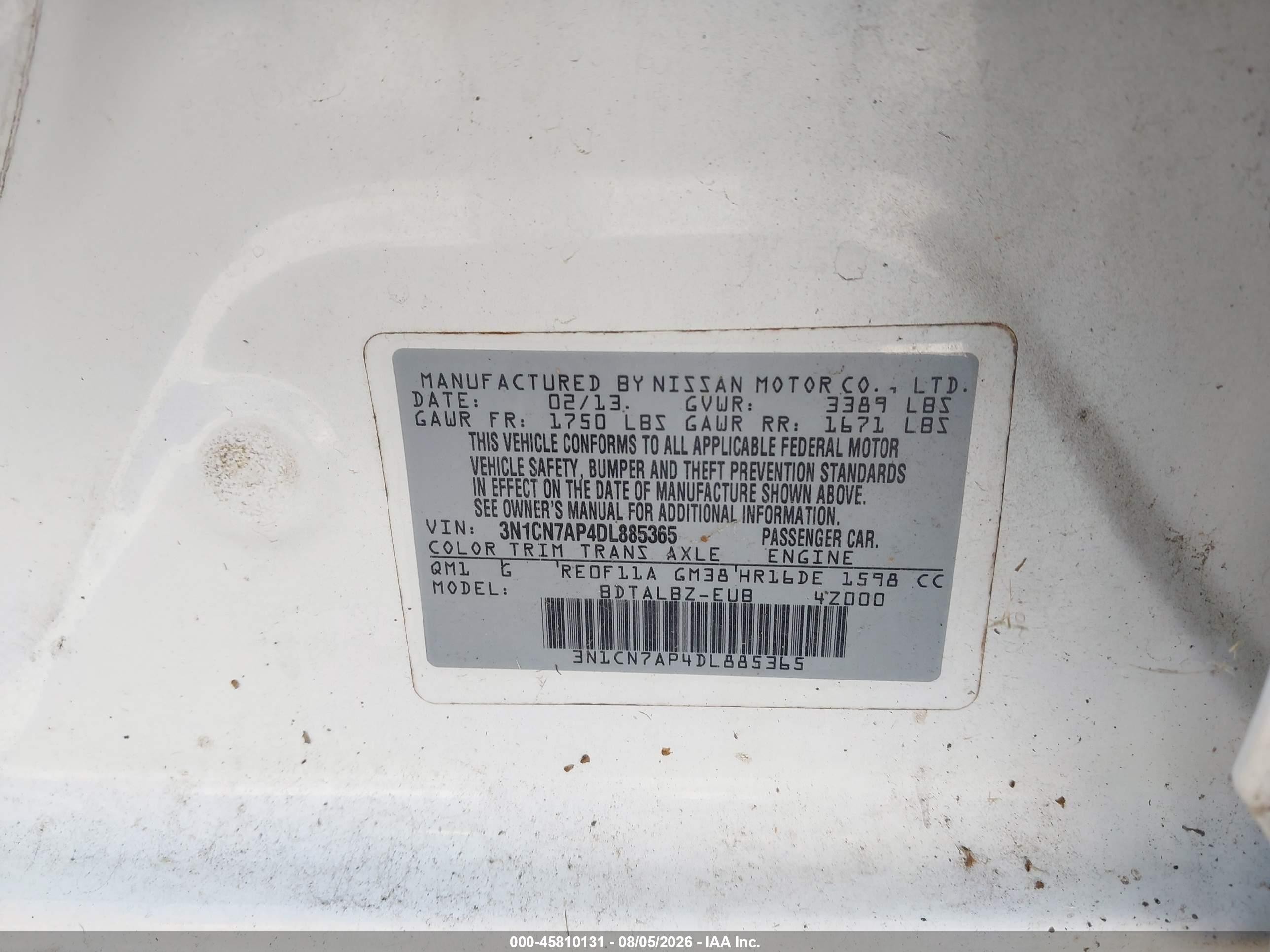 2013 Nissan Versa 1.6 Sv White vin: 3N1CN7AP4DL885365