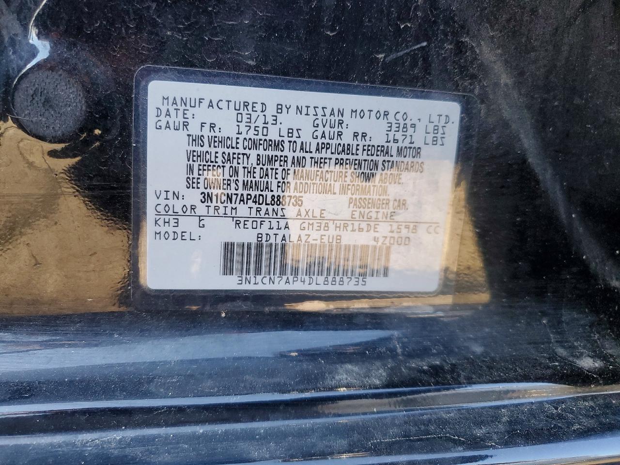 2013 Nissan Versa S Black vin: 3N1CN7AP4DL888735