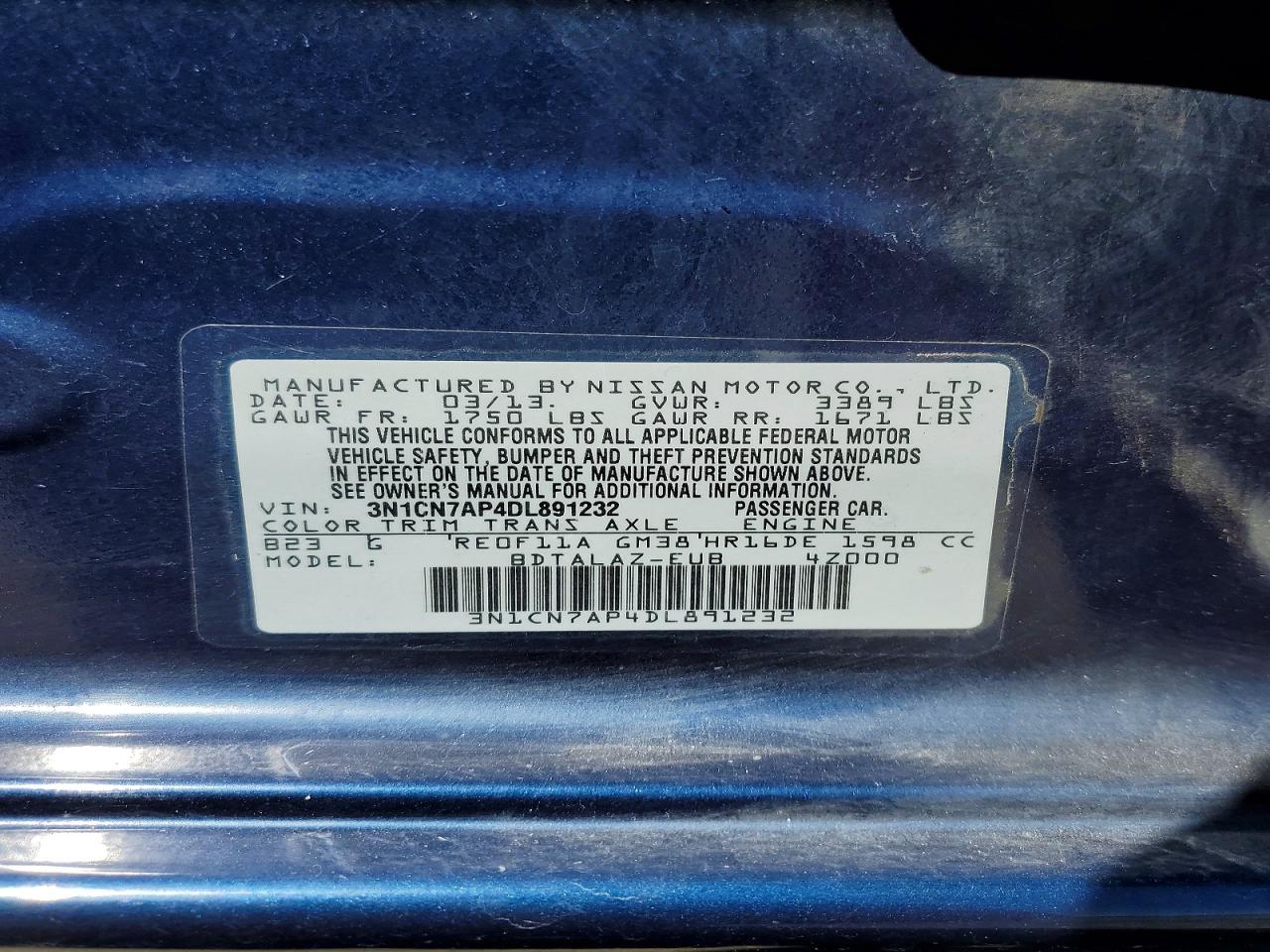 2013 Nissan Versa 1.6 S Blue vin: 3N1CN7AP4DL891232