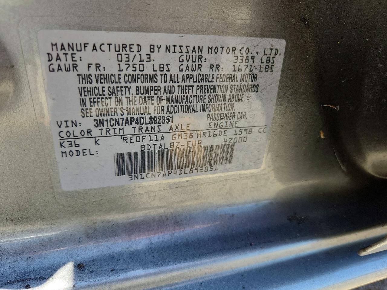 2013 Nissan Versa 1.6 S Серебряный vin: 3N1CN7AP4DL892851