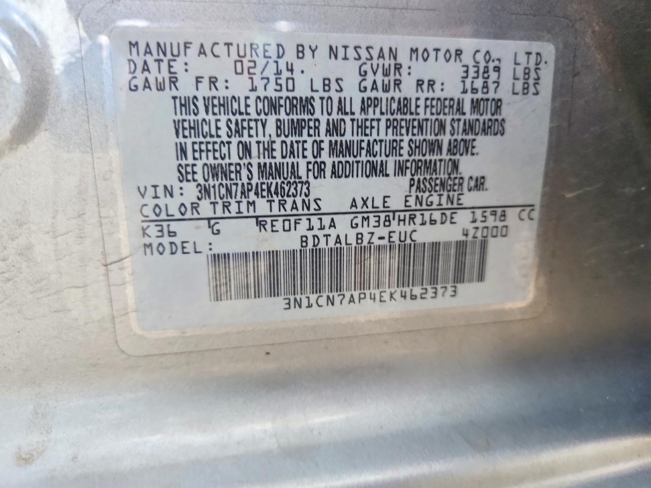 2014 Nissan Versa 1.6 Sv Gray vin: 3N1CN7AP4EK462373