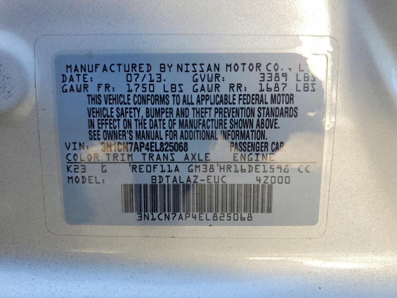 2014 Nissan Versa 1.6 S Silver vin: 3N1CN7AP4EL825068