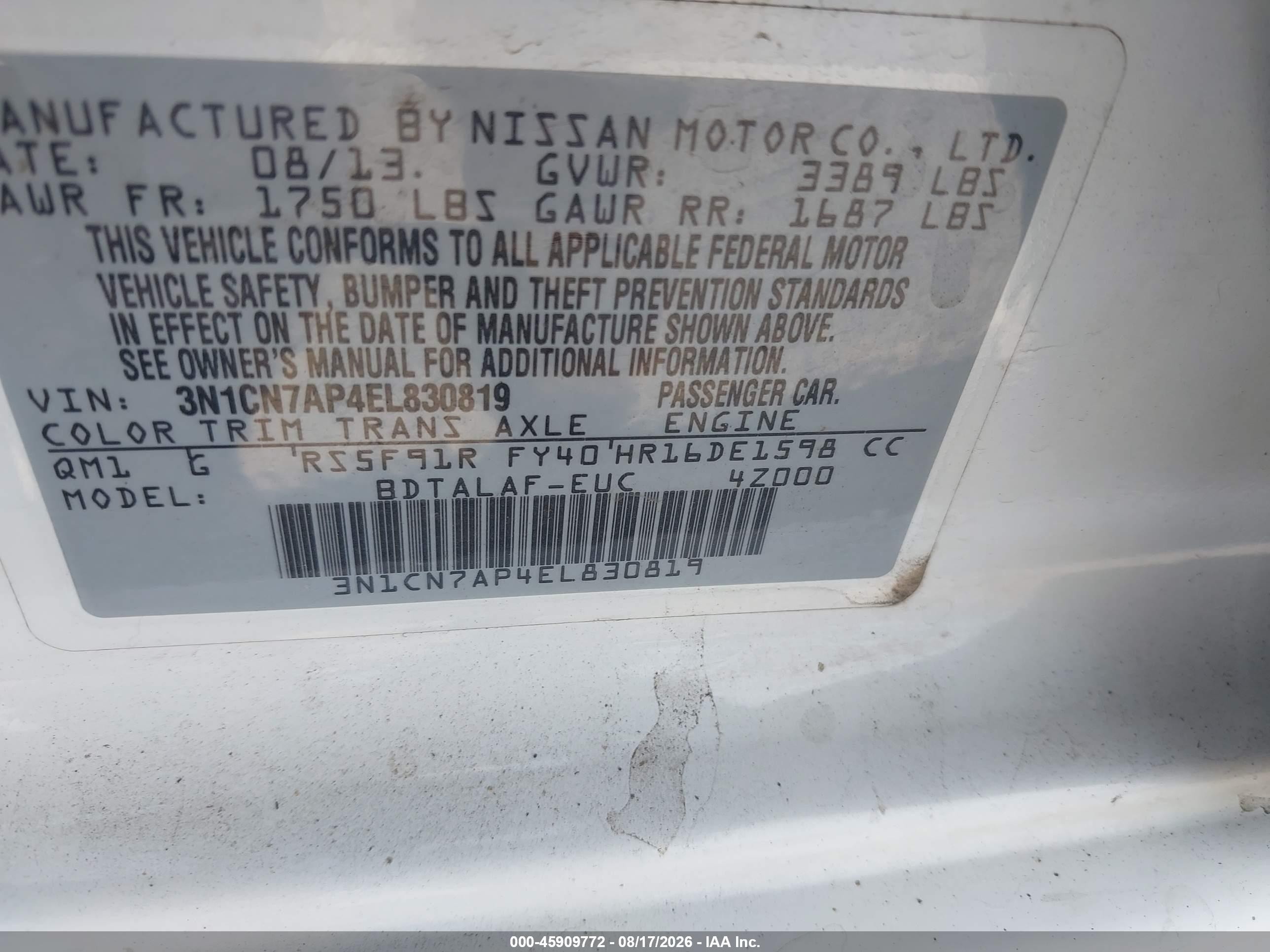 2014 Nissan Versa S Red vin: 3N1CN7AP4EL830819