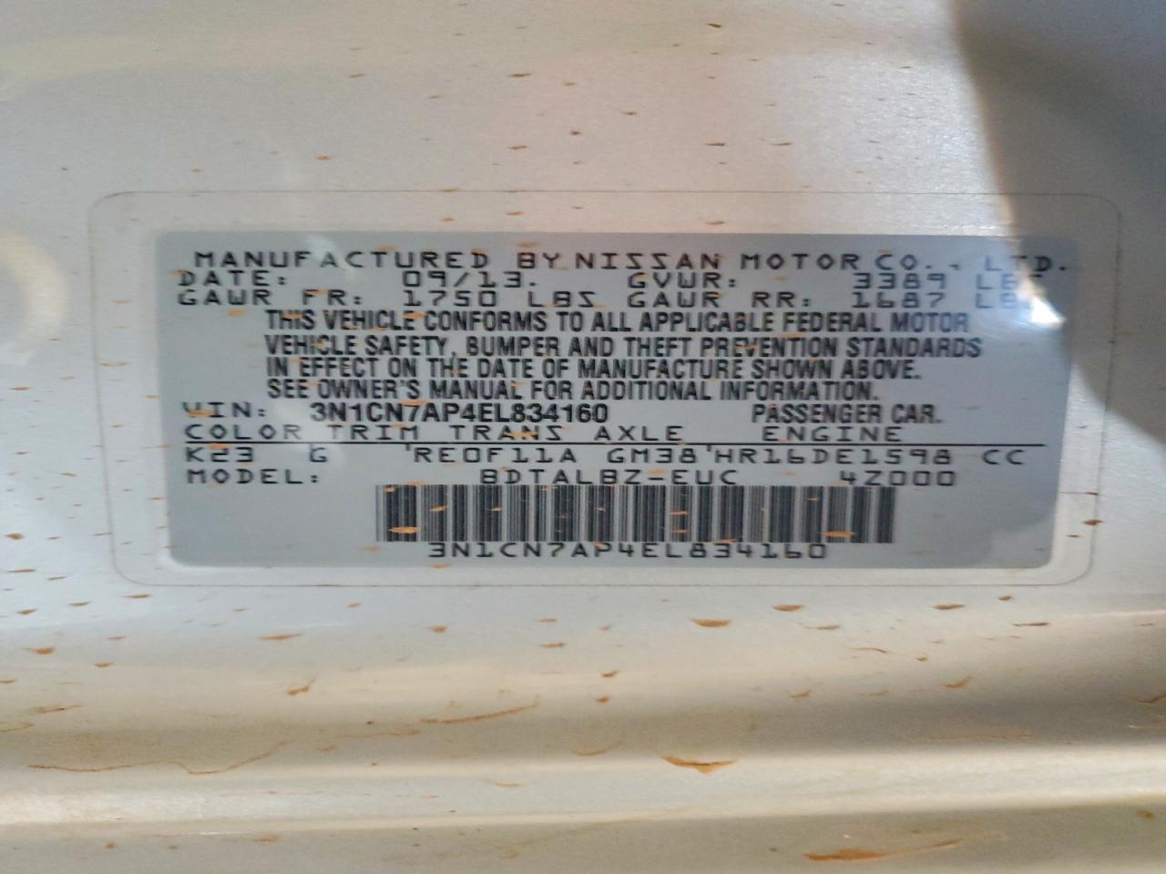 2014 Nissan Versa 1.6 Sv Silver vin: 3N1CN7AP4EL834160