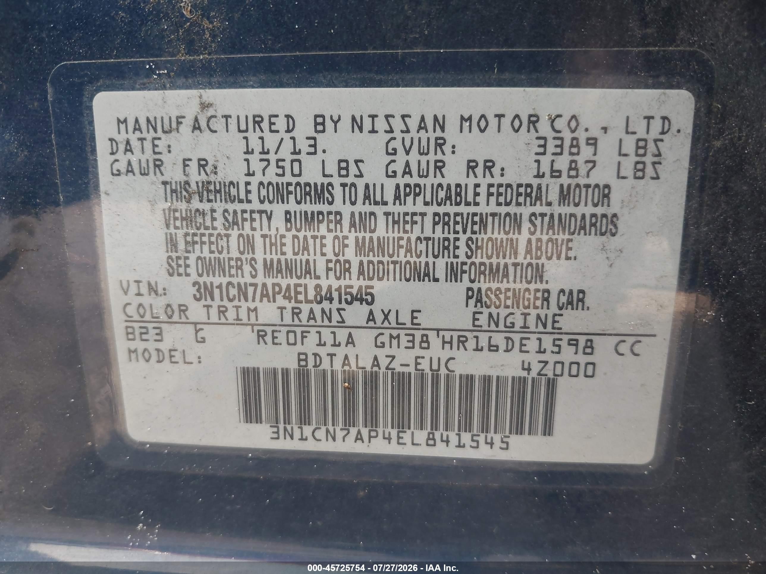 2014 Nissan Versa 1.6 S+ Blue vin: 3N1CN7AP4EL841545