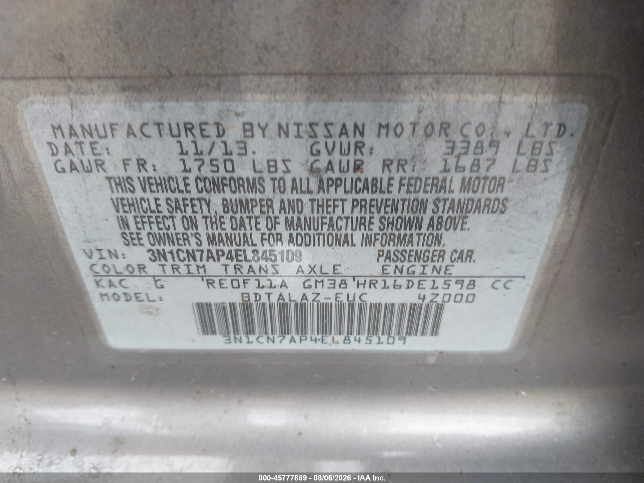 2014 Nissan Versa 1.6 S+ Gray vin: 3N1CN7AP4EL845109