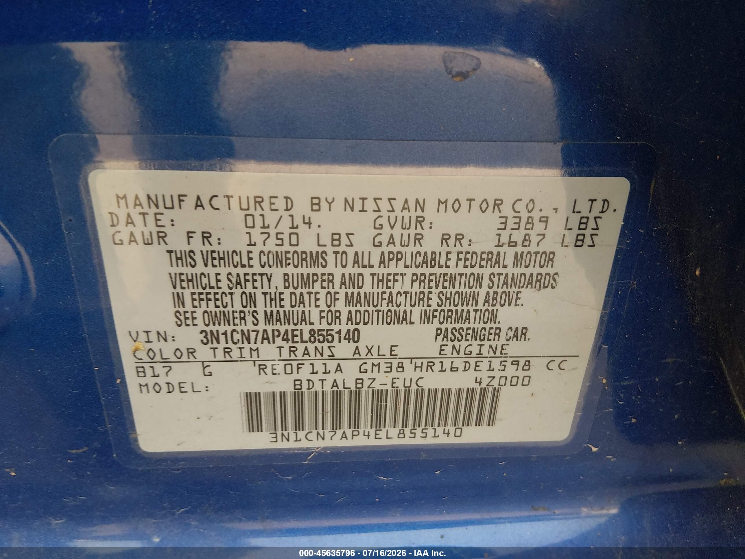 2014 Nissan Versa 1.6 Sv Синий vin: 3N1CN7AP4EL855140