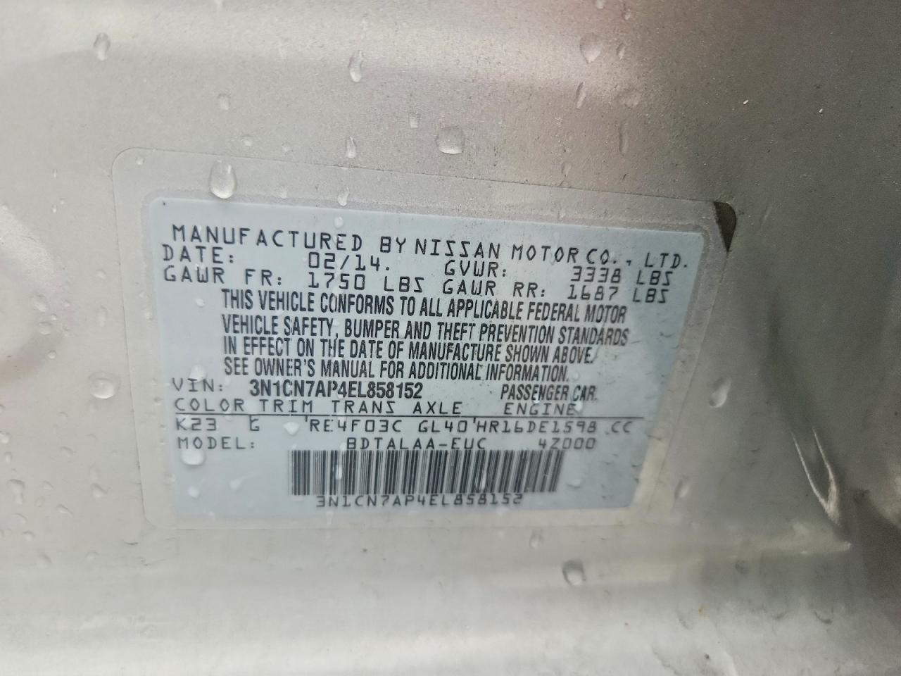 2014 Nissan Versa 1.6 S Silver vin: 3N1CN7AP4EL858152