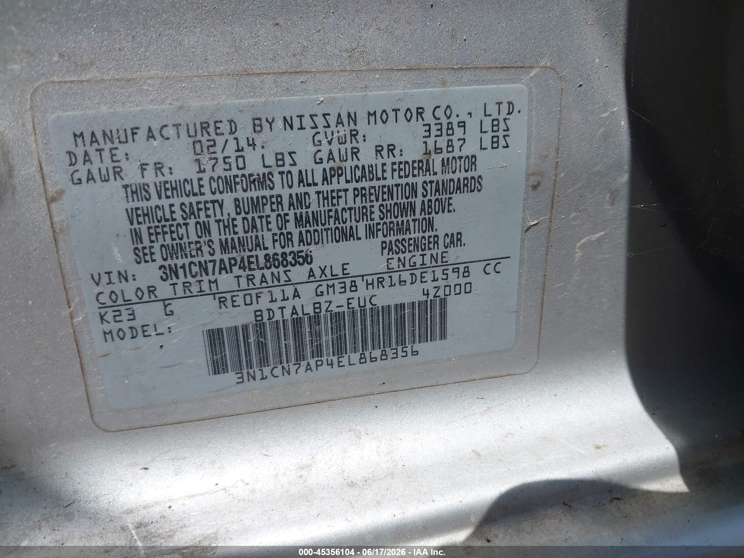 2014 Nissan Versa 1.6 Sv Серебряный vin: 3N1CN7AP4EL868356
