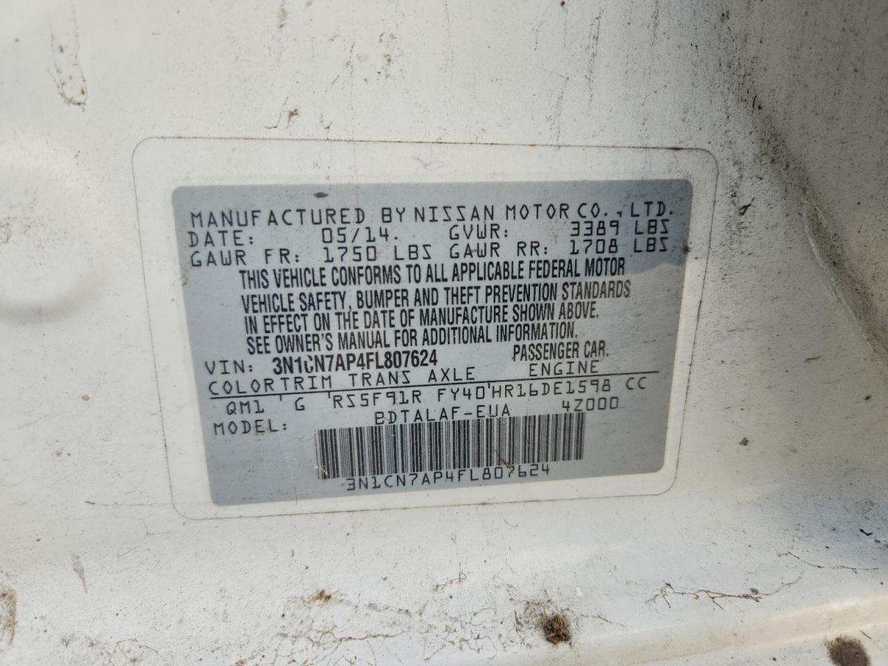 2015 Nissan Versa 1.6 S White vin: 3N1CN7AP4FL807624
