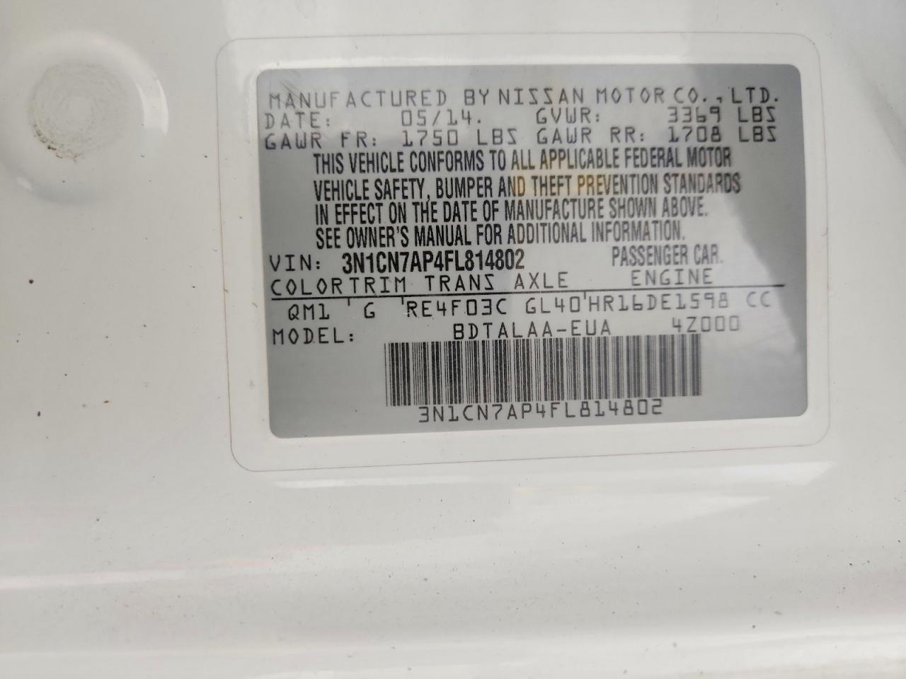 2015 Nissan Versa 1.6 S White vin: 3N1CN7AP4FL814802