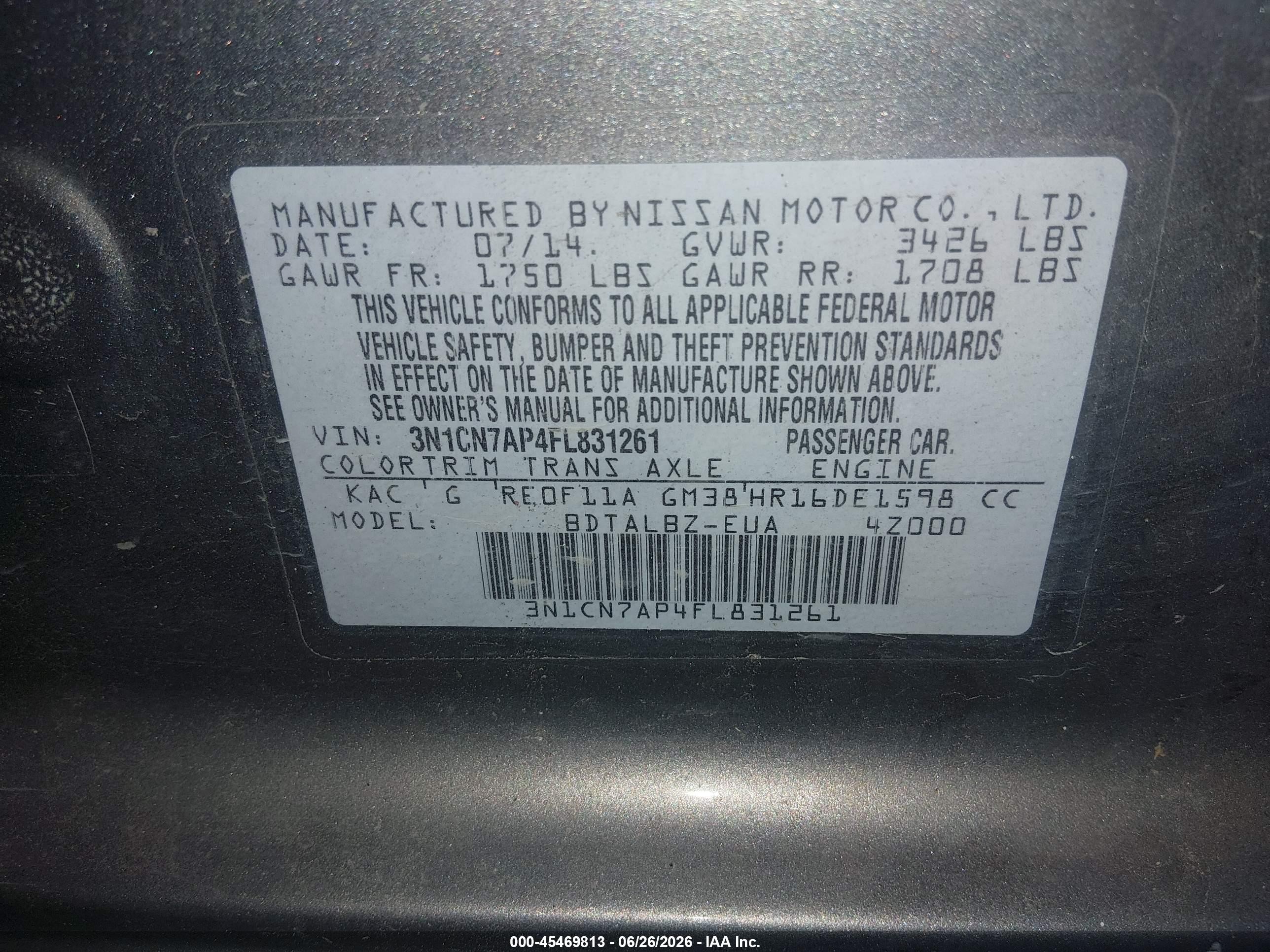 2015 Nissan Versa 1.6 Sv Gray vin: 3N1CN7AP4FL831261