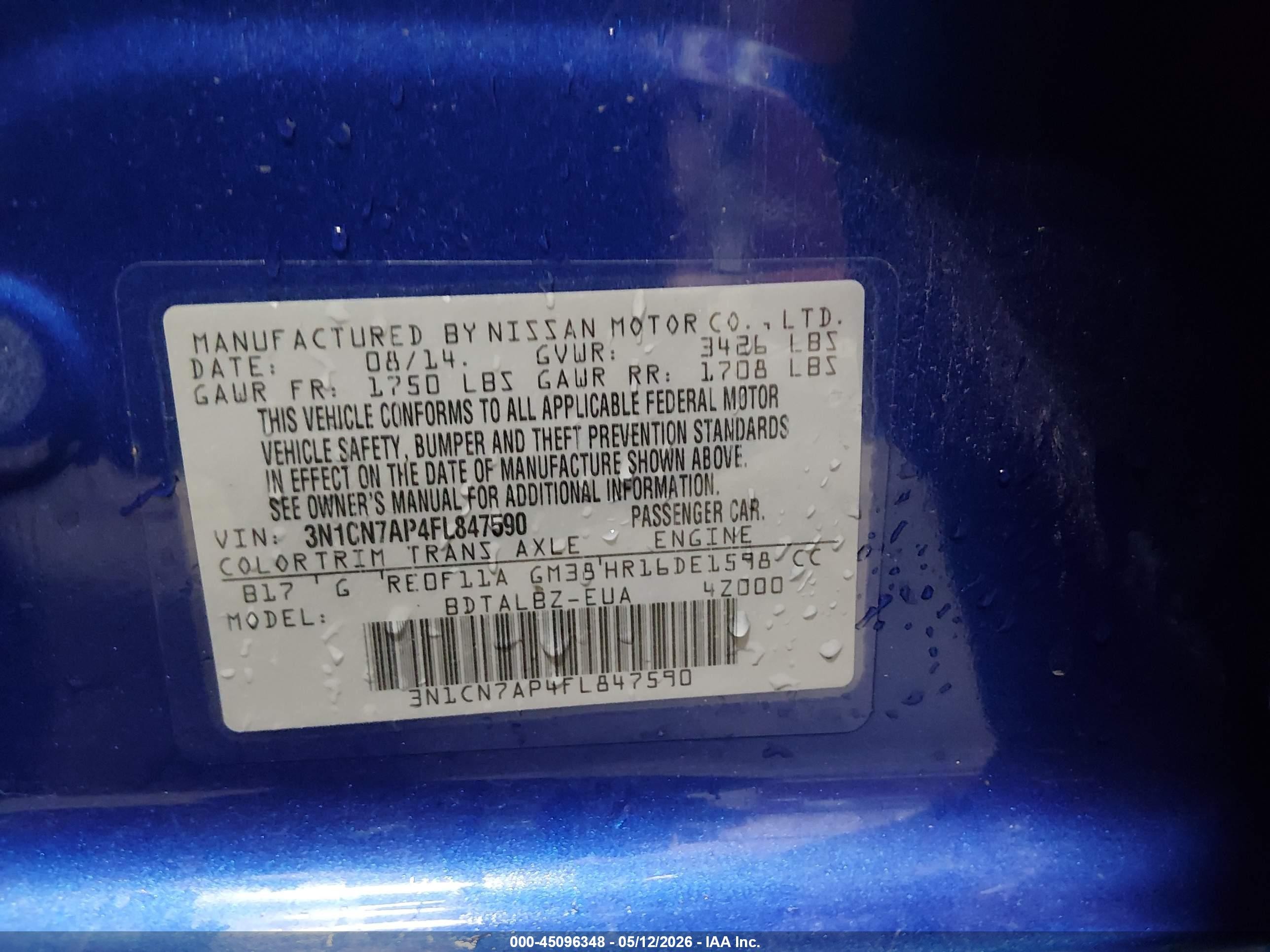 2015 Nissan Versa 1.6 Sv Синий vin: 3N1CN7AP4FL847590