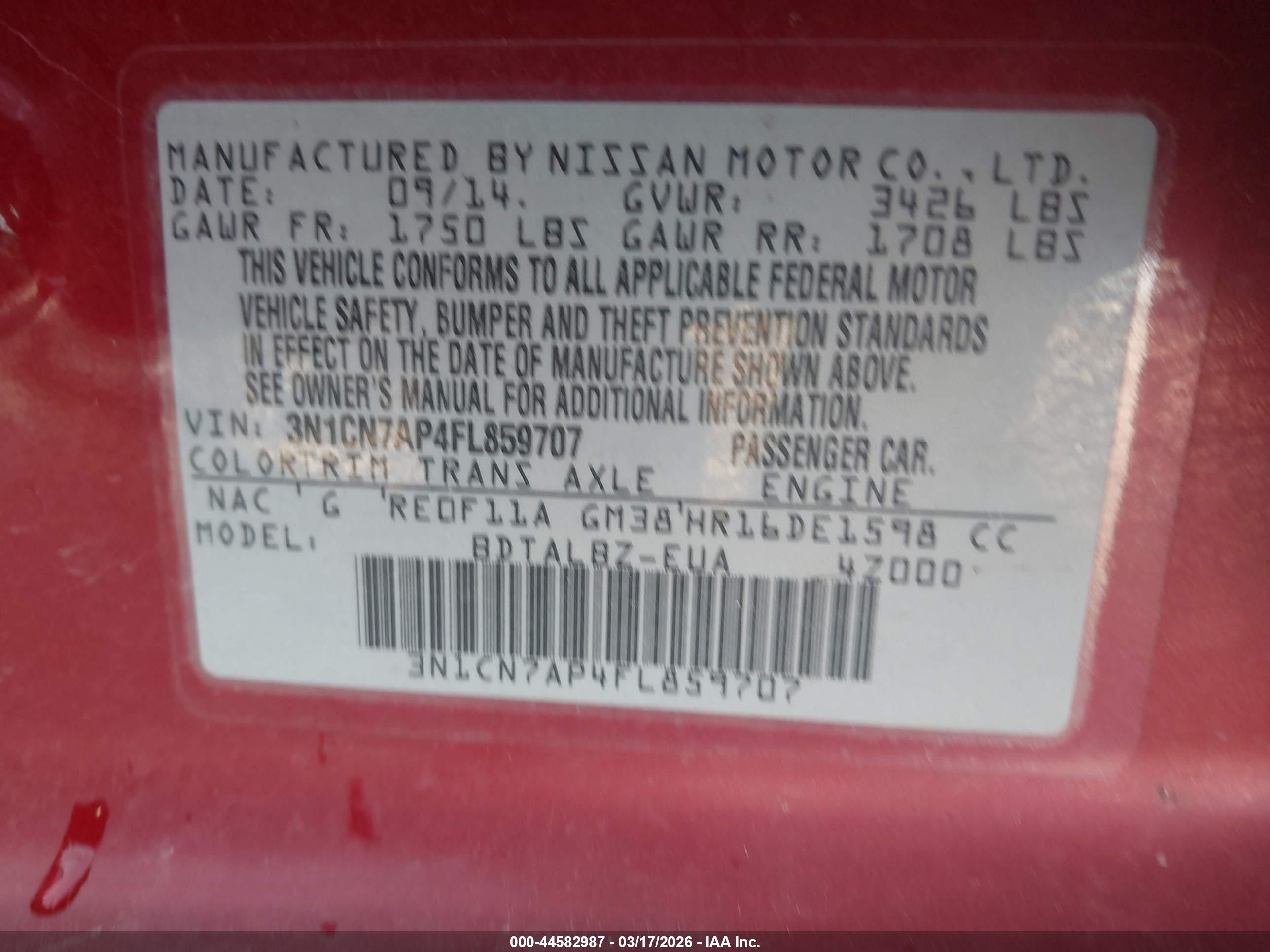 2015 Nissan Versa 1.6 Sv Red vin: 3N1CN7AP4FL859707