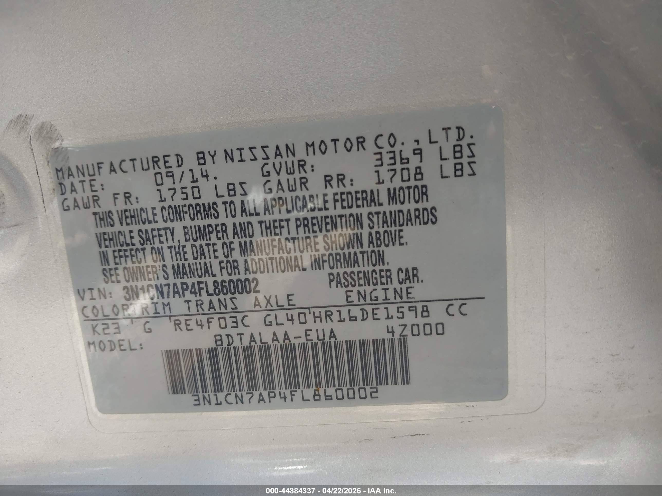 2015 Nissan Versa 1.6 S Silver vin: 3N1CN7AP4FL860002