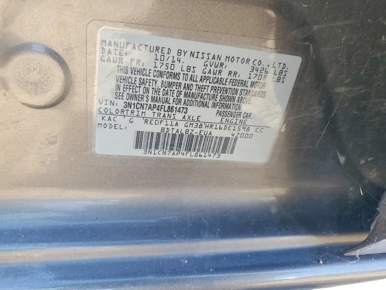 2015 Nissan Versa 1.6 Sv Gray vin: 3N1CN7AP4FL861473