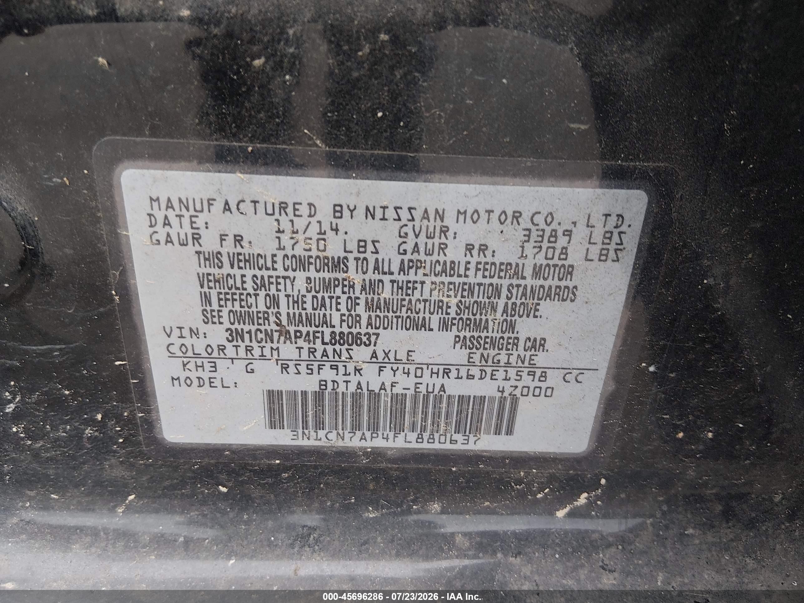 2015 Nissan Versa 1.6 S Black vin: 3N1CN7AP4FL880637