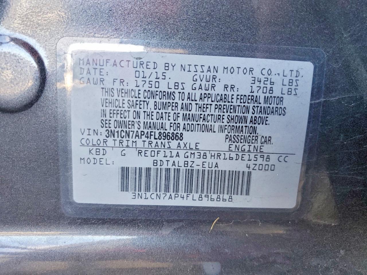 2015 Nissan Versa 1.6 Sv Charcoal vin: 3N1CN7AP4FL896868