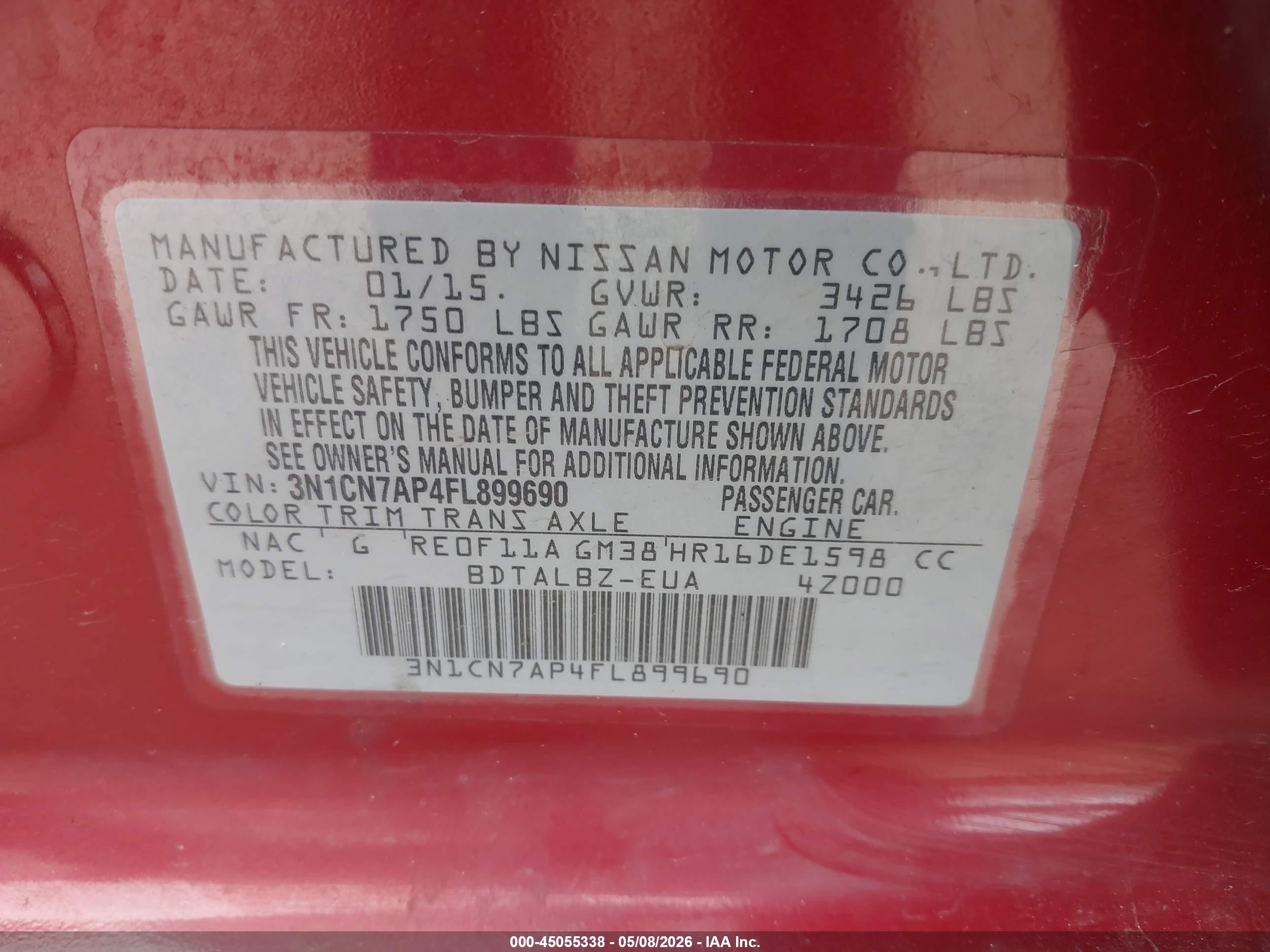2015 Nissan Versa 1.6 Sv Красный vin: 3N1CN7AP4FL899690