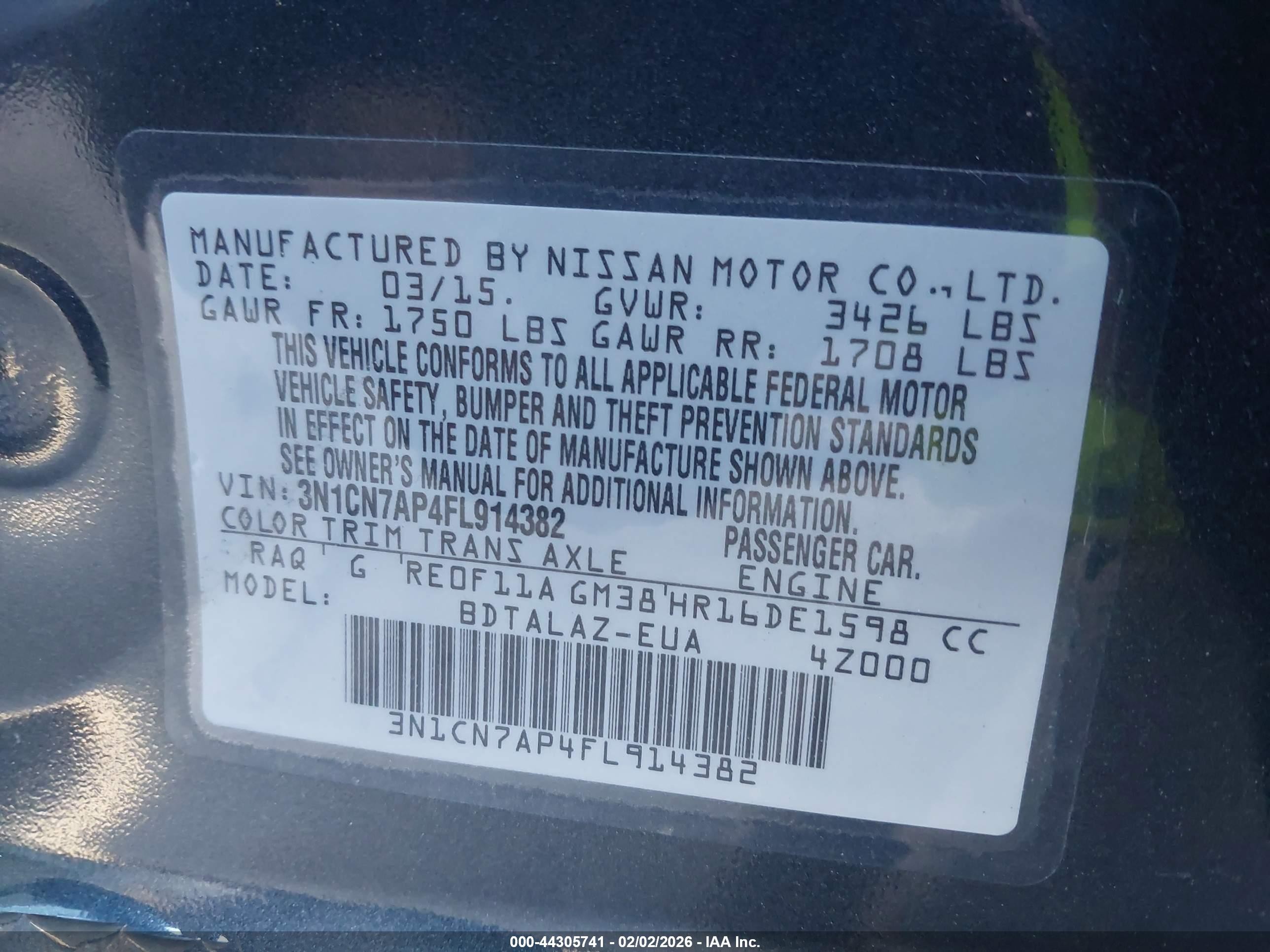 2015 Nissan Versa 1.6 S+ Blue vin: 3N1CN7AP4FL914382