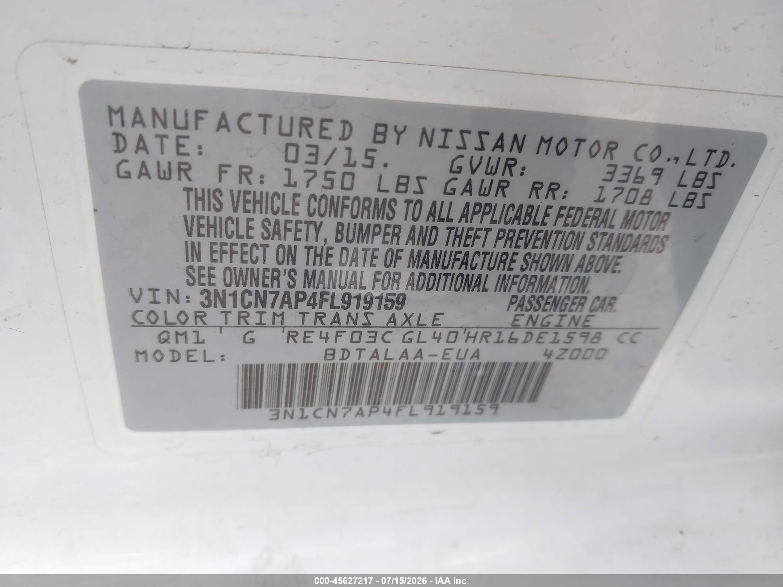 2015 Nissan Versa 1.6 S White vin: 3N1CN7AP4FL919159