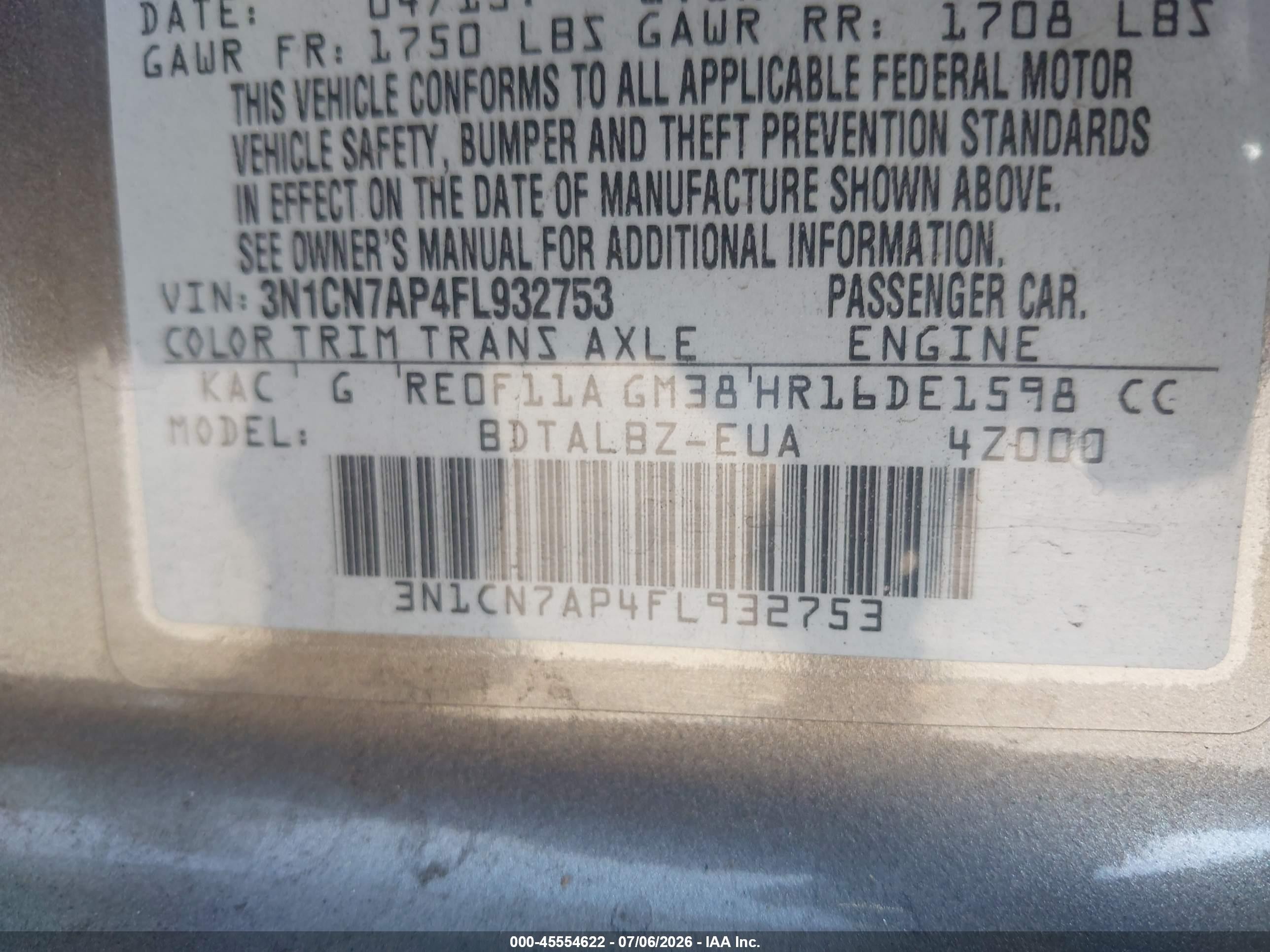 2015 Nissan Versa 1.6 Sv Gray vin: 3N1CN7AP4FL932753
