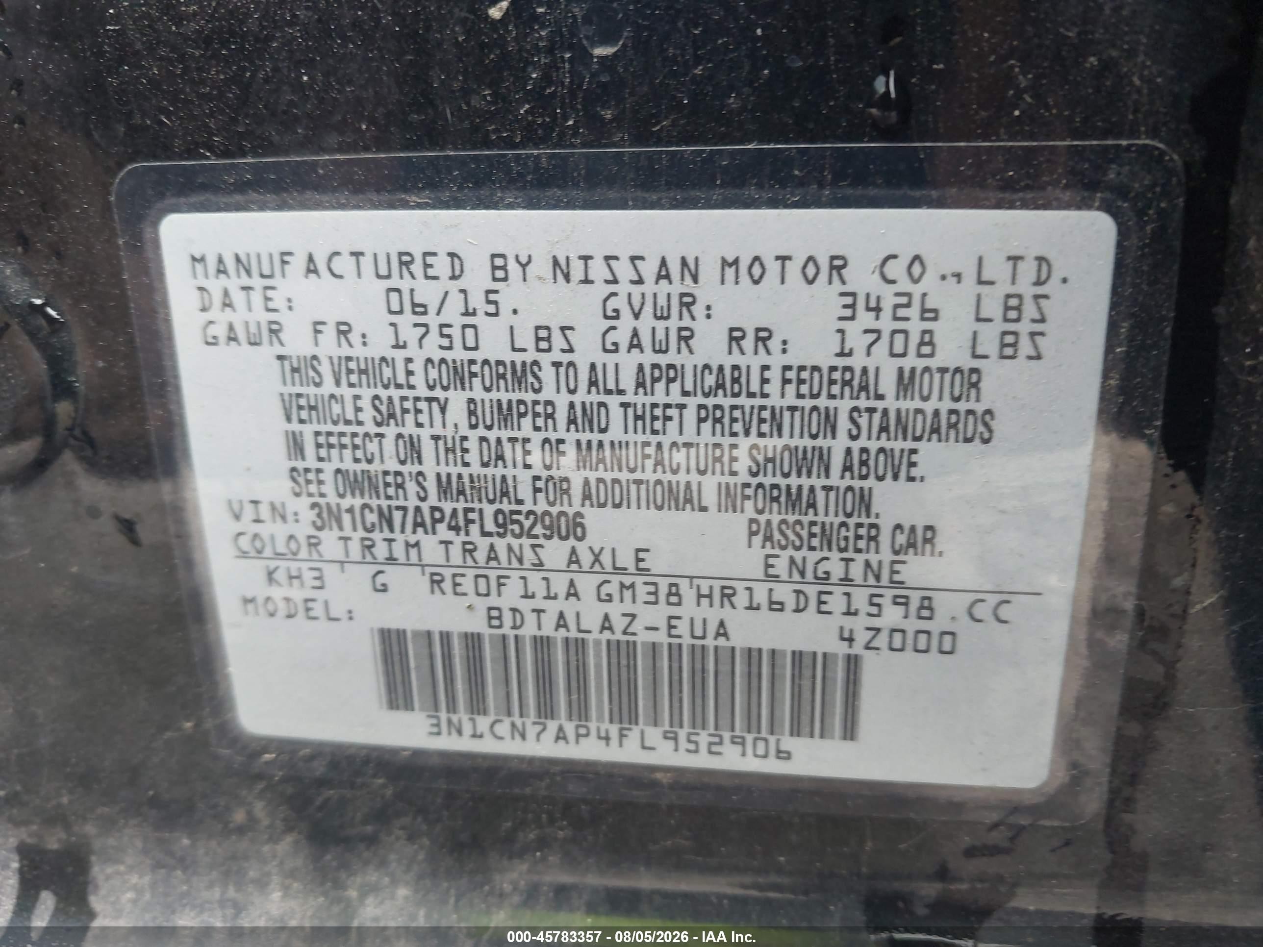 2015 Nissan Versa 1.6 S+ Black vin: 3N1CN7AP4FL952906
