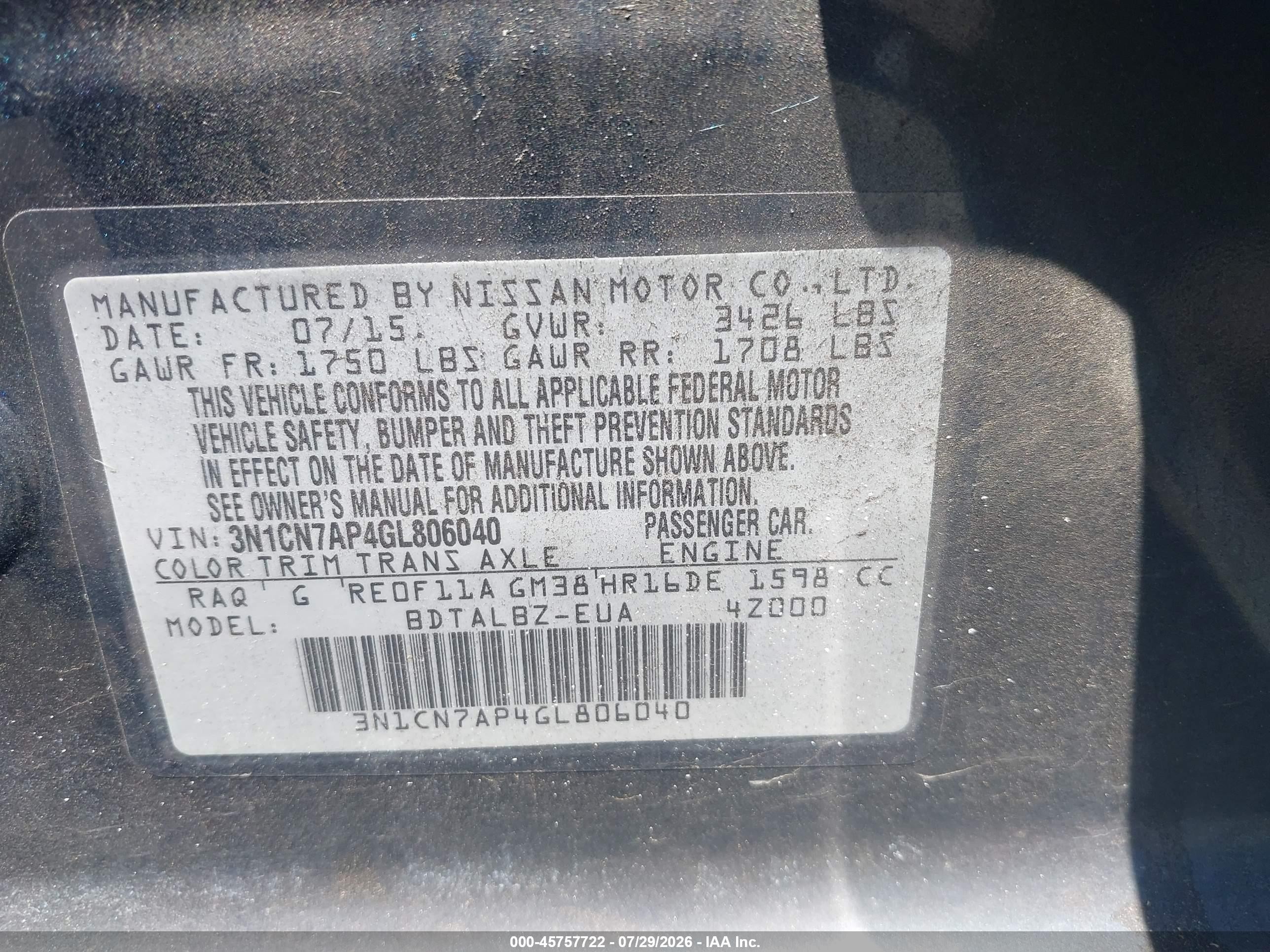 2016 Nissan Versa 1.6 Sv Blue vin: 3N1CN7AP4GL806040