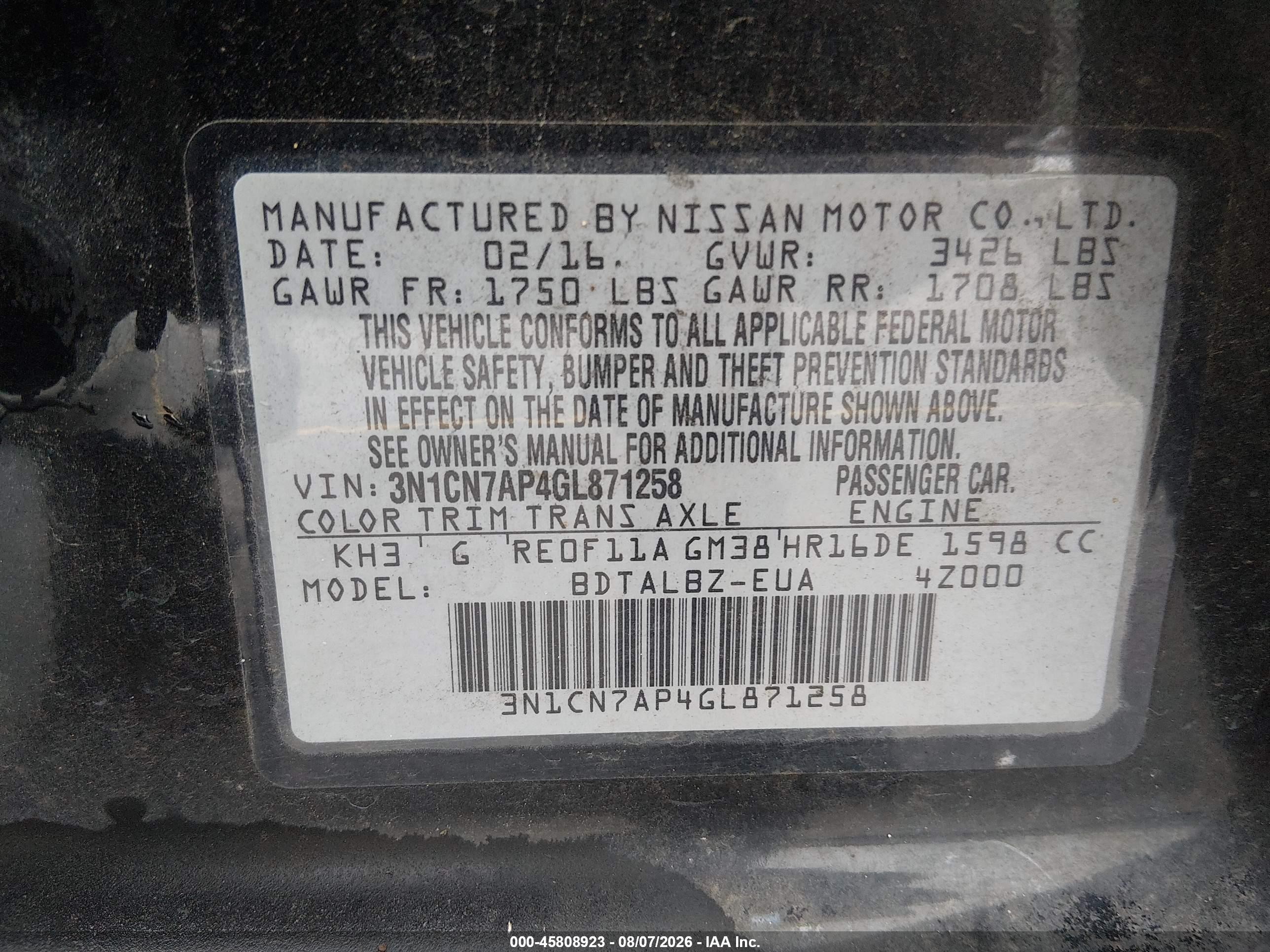 2016 Nissan Versa 1.6 S/1.6 S+/1.6 Sl/1.6 Sv Черный vin: 3N1CN7AP4GL871258
