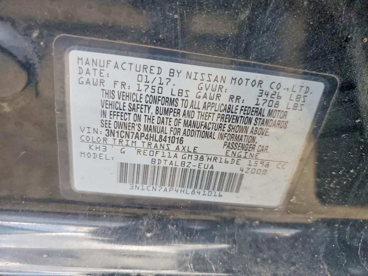 2017 Nissan Versa 1.6 Sv Black vin: 3N1CN7AP4HL841016